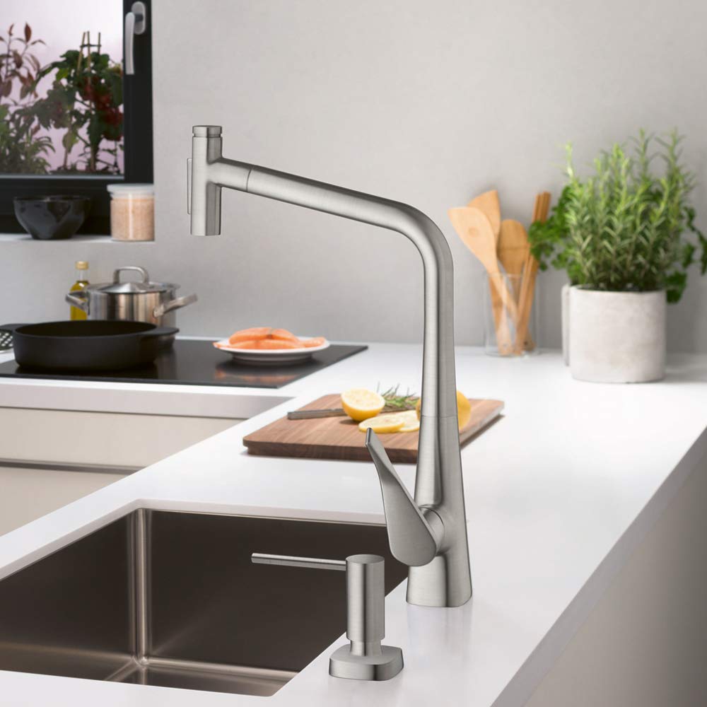 Hansgrohe Metris Select Stainless Steel Pull-Out Kitchen Faucet with Sprayer - Modern Bar Sink Faucet for Home Kitchen (Model 73817801) - Perfect for Washing Dishes, Filling Pots & Cleaning Sinks