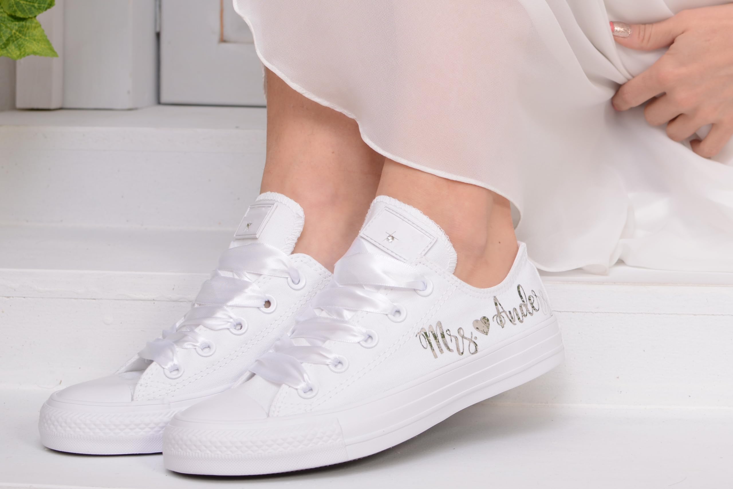 Custom Silver Mirror Foil Wedding Sneakers for Bride - Personalized Bridal Shoes for Wedding Ceremony & Reception - Perfect for Walking Down the Aisle & Dancing