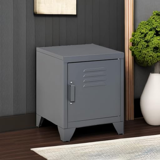 HOMCOM Industrial End Table with Locker-Style Door & Adjustable Shelf - Modern Grey Side Table for Living Room, Bedroom & Office - Perfect for Small Space Storage & Home Decor