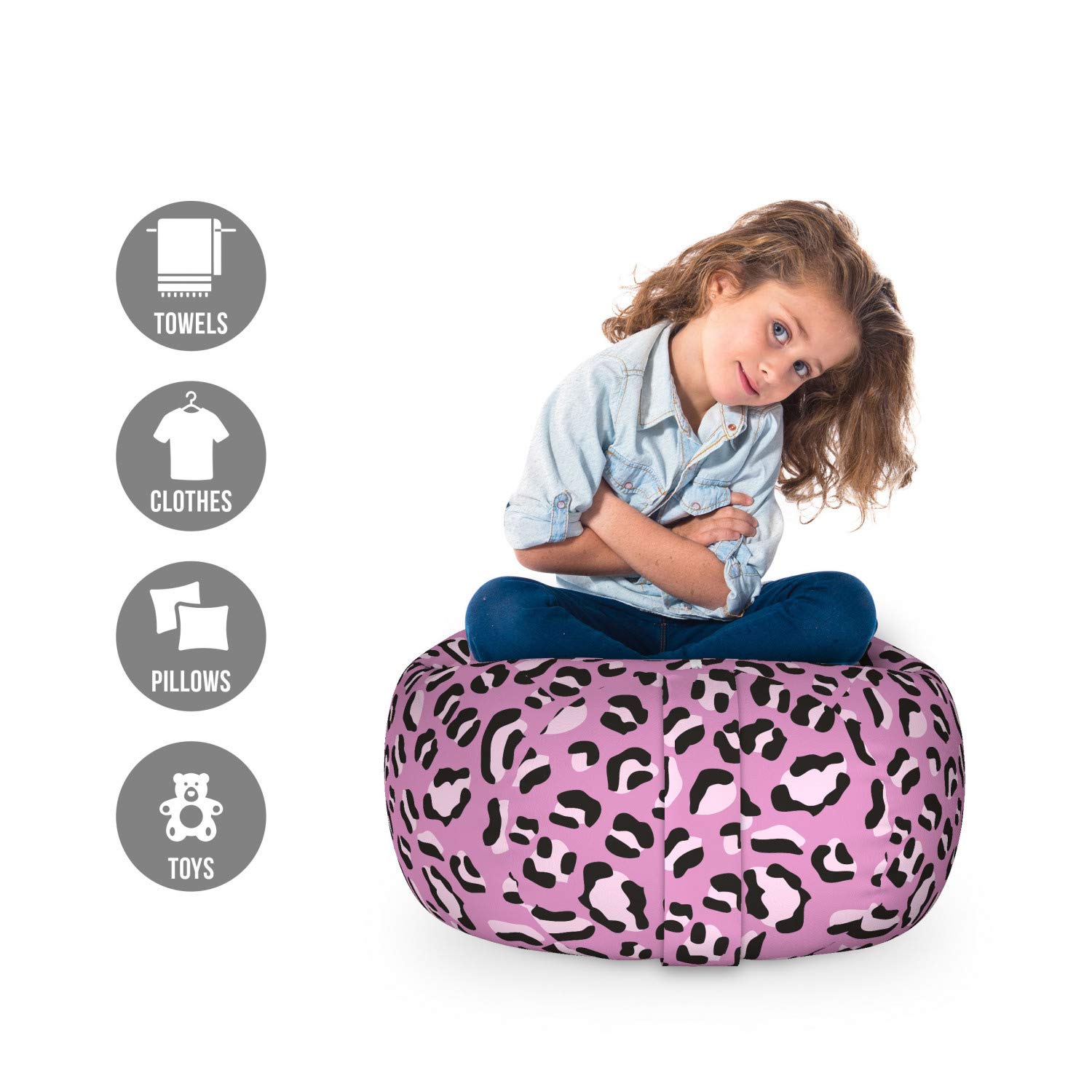 Ambesonne Leopard Print Storage Toy Bag Chair - Washable Stuffed Animal Organizer for Kids Room, Small Size Grey Pink - Perfect for Nursery, Playroom & Bedroom Organization