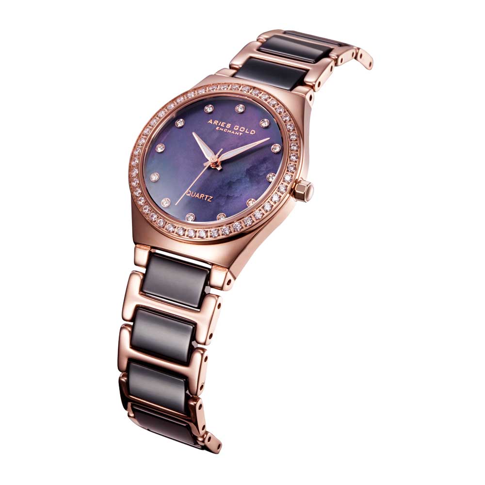 Aries Gold Enchant Rose Gold Stainless Steel Women's Watch with Ceramic Bezel & BKMOP Dial - Elegant Dress Watch for Women, Perfect for Office, Party & Special Occasions