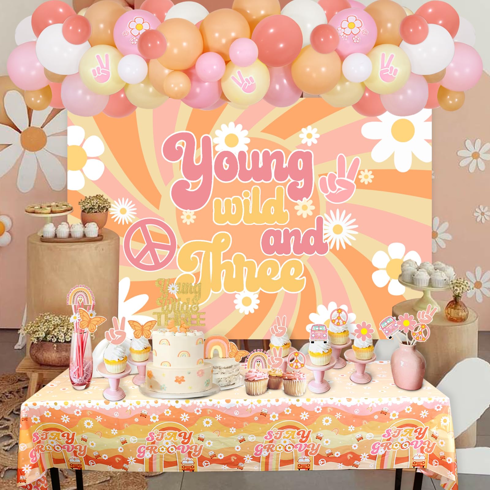 Cheereveal Young Wild and Three Birthday Decorations - Groovy 3rd Birthday Party Supplies Kit with Balloon Garland, Backdrop & Tablecloth | Perfect for Hippie Themed Birthday Celebrations, Baby Showers & Boho Decor