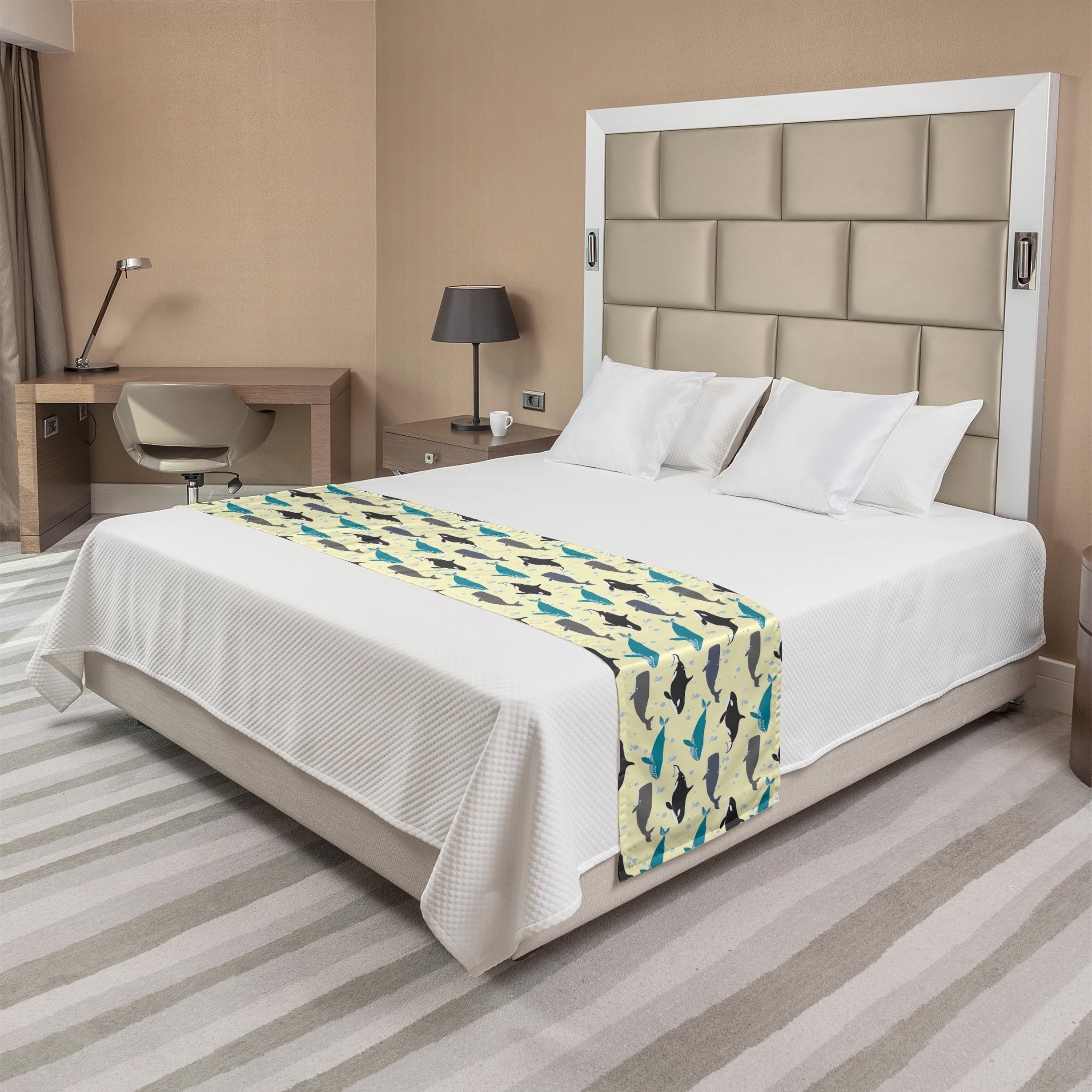 Ambesonne Whale Bed Runner - Ocean Wildlife Theme with Swimming Mammals on Yellow Backdrop, Decorative Bed Scarf for Home, Hotel & Guest Room Decor - Perfect for Coastal, Nautical or Marine Themed Bedrooms