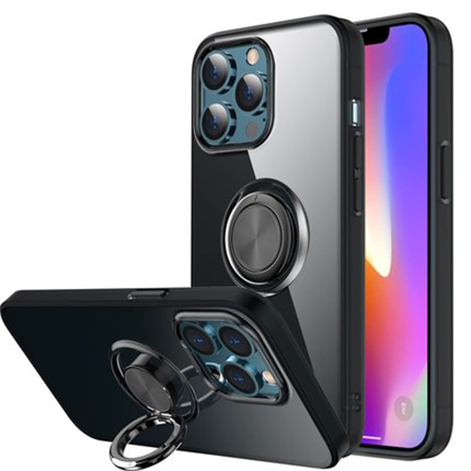 AWJK Clear Slim Fit Protective iPhone 13 Pro Max Case (6.7 Inch 2021) with Ring Holder Kickstand & Magnetic Car Mount - Shockproof Scratch Resistant Cover - Perfect for Work, Travel & Daily Use (Black/Clear)