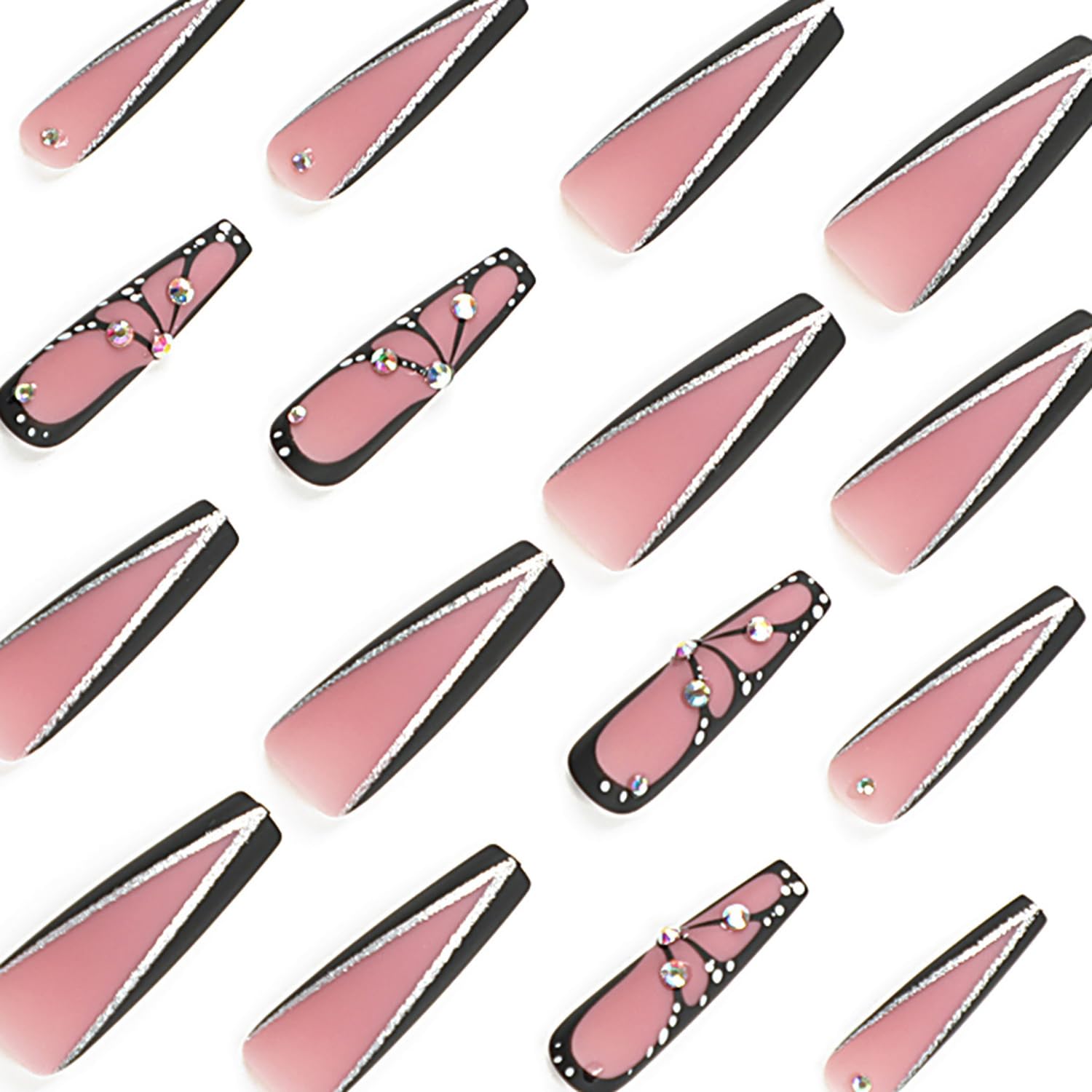 Long Coffin Press on Nails - Black Glossy Full Cover Acrylic False Nails with Rhinestone & Butterfly Designs - Extra Long Square Ballerina Fake Nails with Glue - Stick on Artificial Fingernails for Women - Perfect for Parties, Weddings & Special Occasions