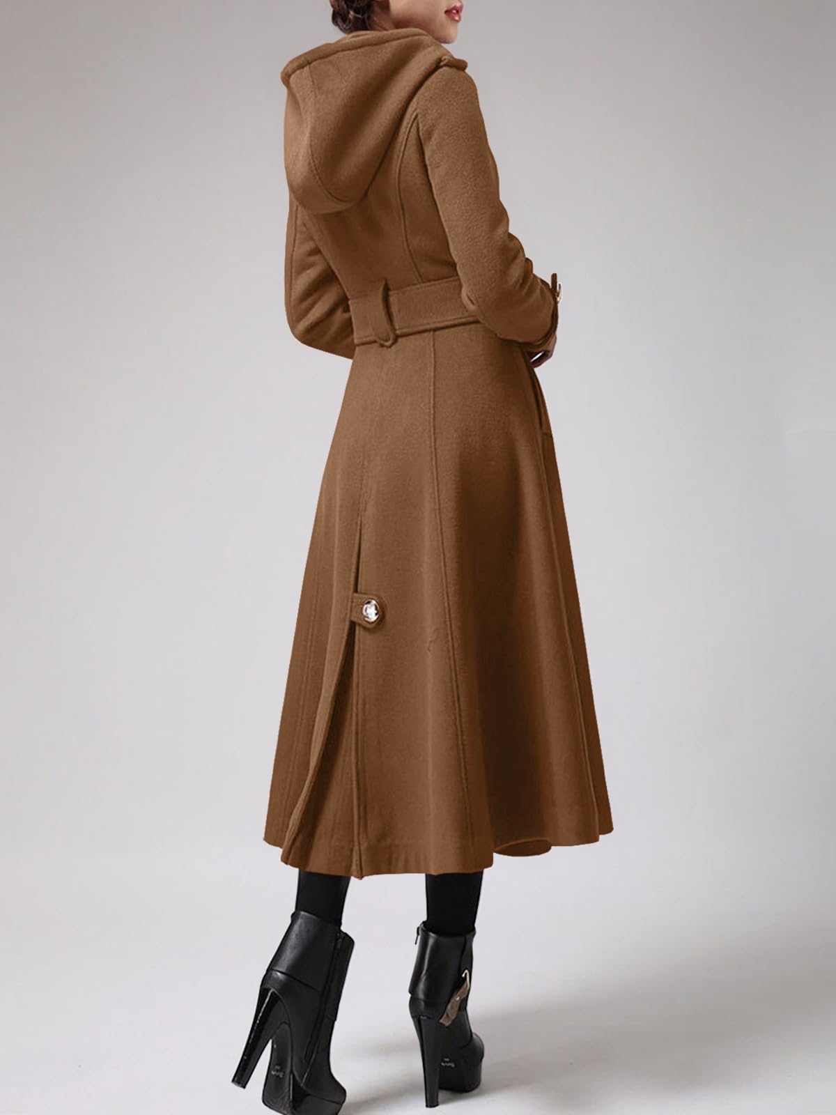 Cicy Bell Women's Long Double-Breasted Hooded Wool Coat with Belt - Warm Winter Trench Coat for Office, Travel & Outdoor Activities