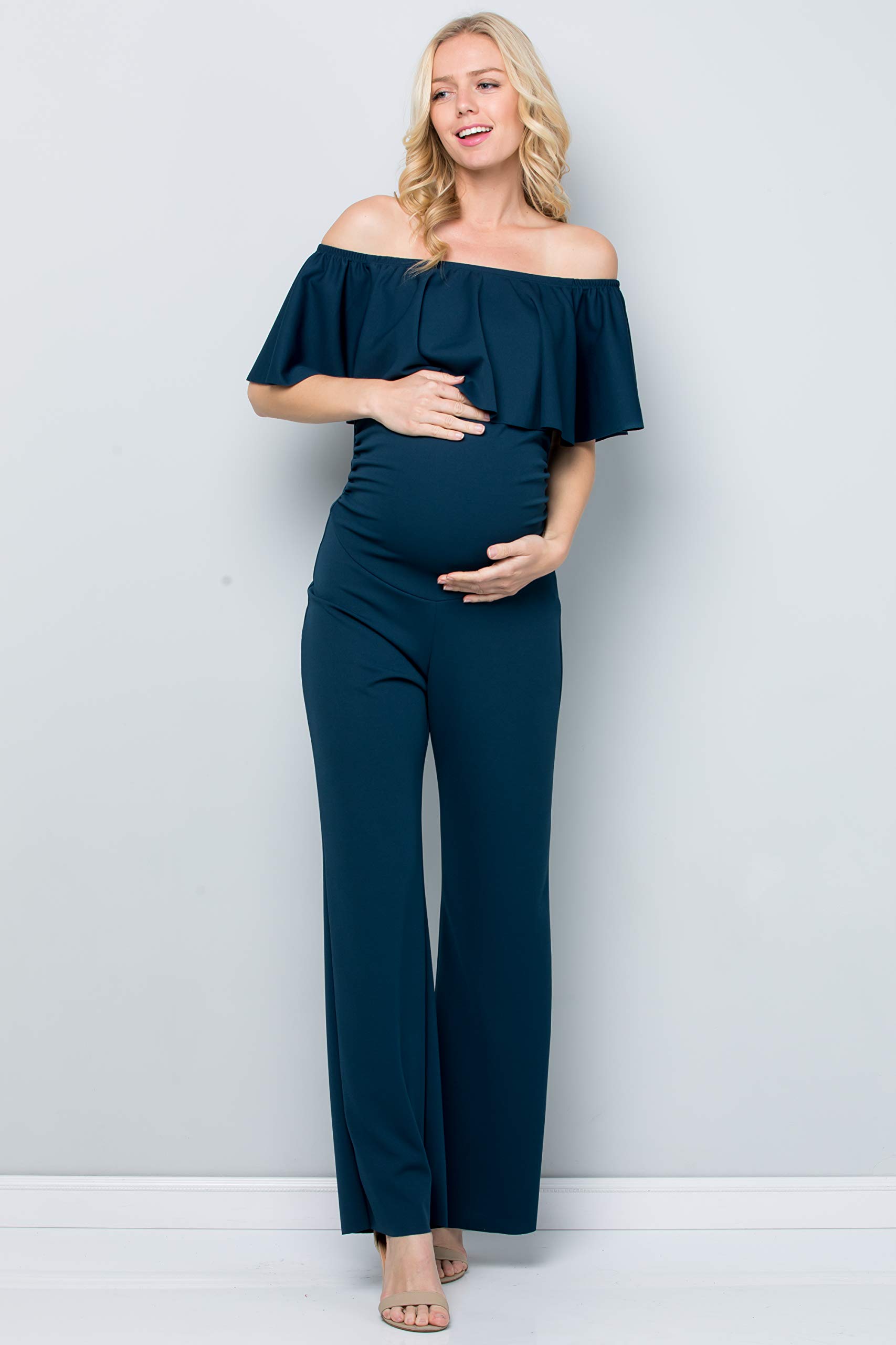 My Bump Maternity Ruffle Off Shoulder Jumpsuit - Made in USA | Comfortable Pregnancy Outfit for Baby Shower, Maternity Photos & Special Occasions