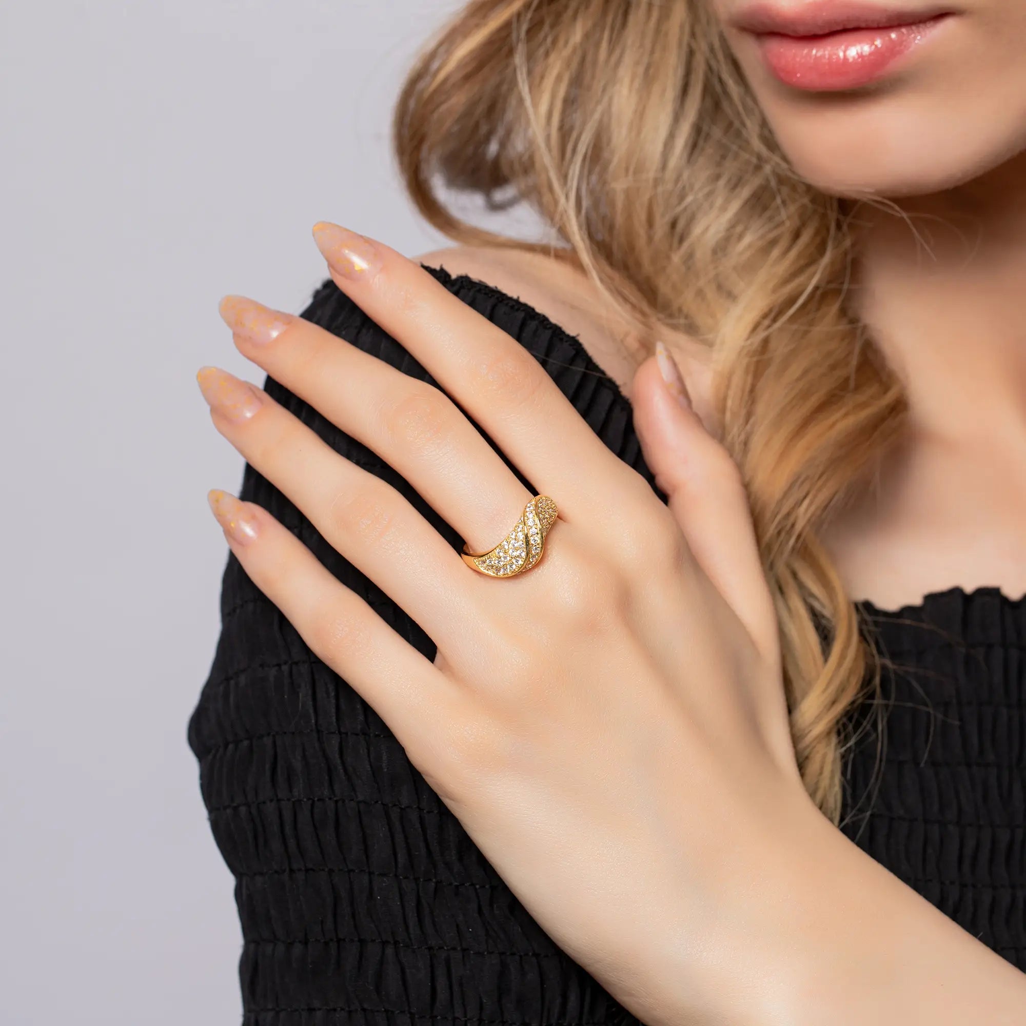 Pavé Croissant Ring - Elegant Stackable Gold Plated Ring for Women, Dainty Minimalist Jewelry Gift for Her - Perfect for Everyday Wear, Date Nights & Special Occasions