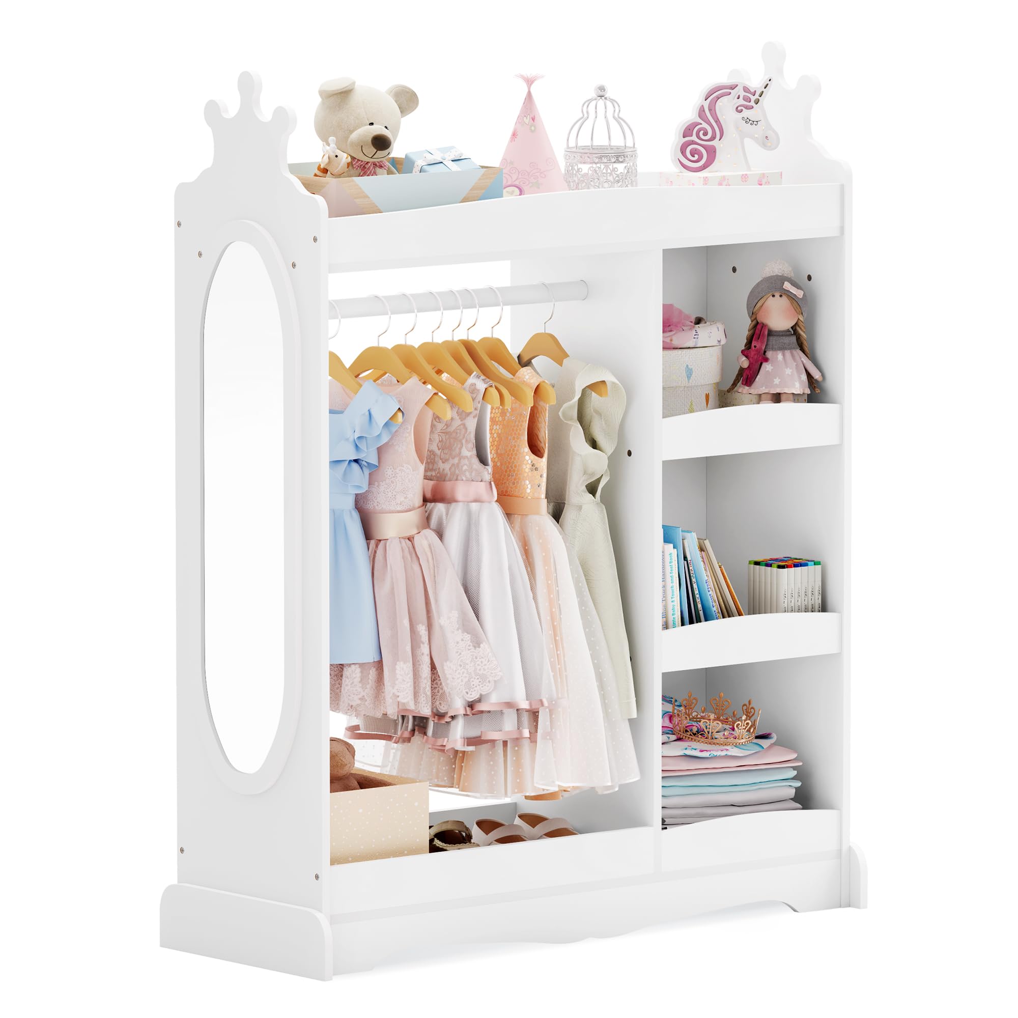 Curipeer Kids Dress Up Storage Closet with Mirror & 3 Hooks - Wardrobe Organizer for Girls & Boys Bedroom - Perfect for Toy Storage, Costume Organization & Room Decor