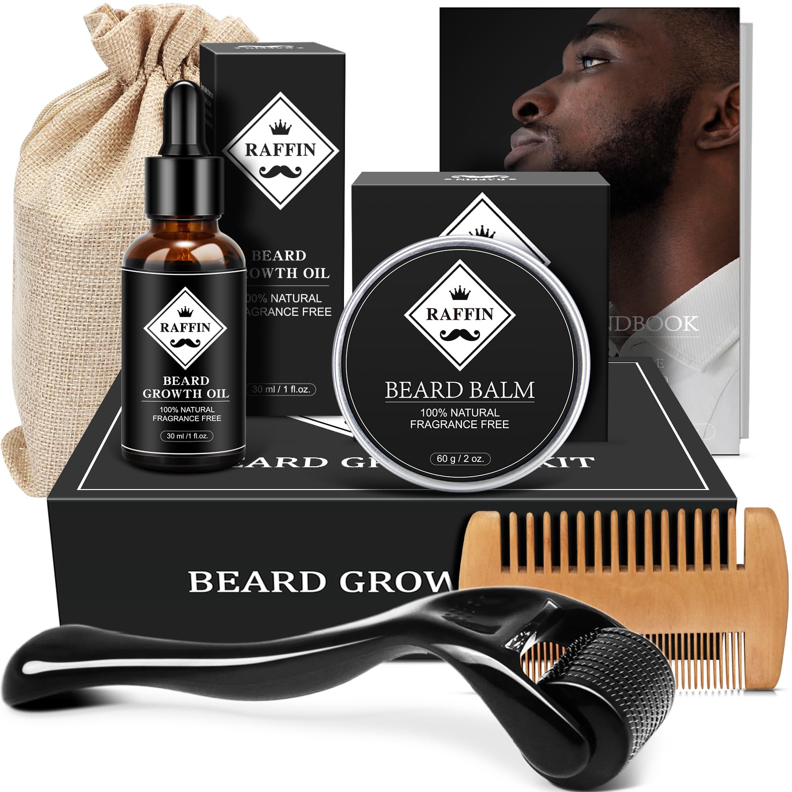 RAFFIN Beard Growth Kit for Men - Natural Beard Oil, Balm, Comb & Massager - Stimulate Growth for Fuller, Thicker & Healthier Beards - Perfect Gift for Boyfriend, Husband or Dad - Great for Patchy Beards & Daily Grooming Routine