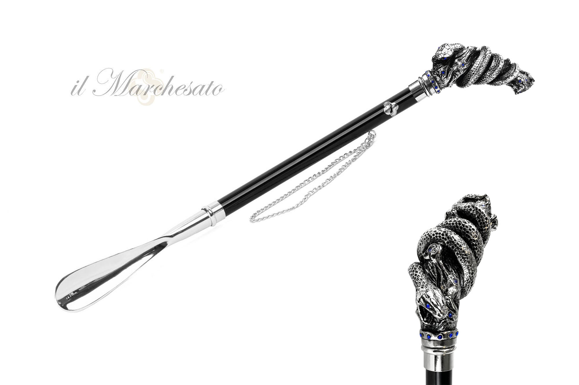 Elegant Silver-Plated Shoehorn with Snake & Branch Design & Sapphire Crystals - Perfect for Gift Giving, Home Use & Travel Accessories
