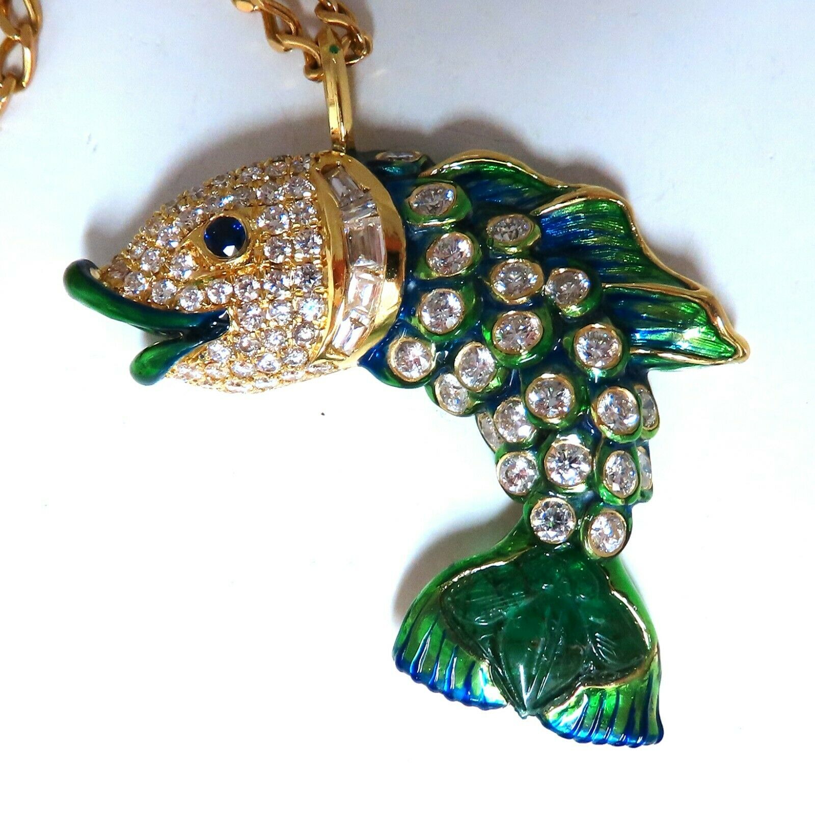 10.12ct Natural Sapphire & Emerald Diamond Enamel Fish Pendant in 18kt Gold - Elegant Jewelry Gift for Women, Perfect for Parties, Weddings & Special Occasions