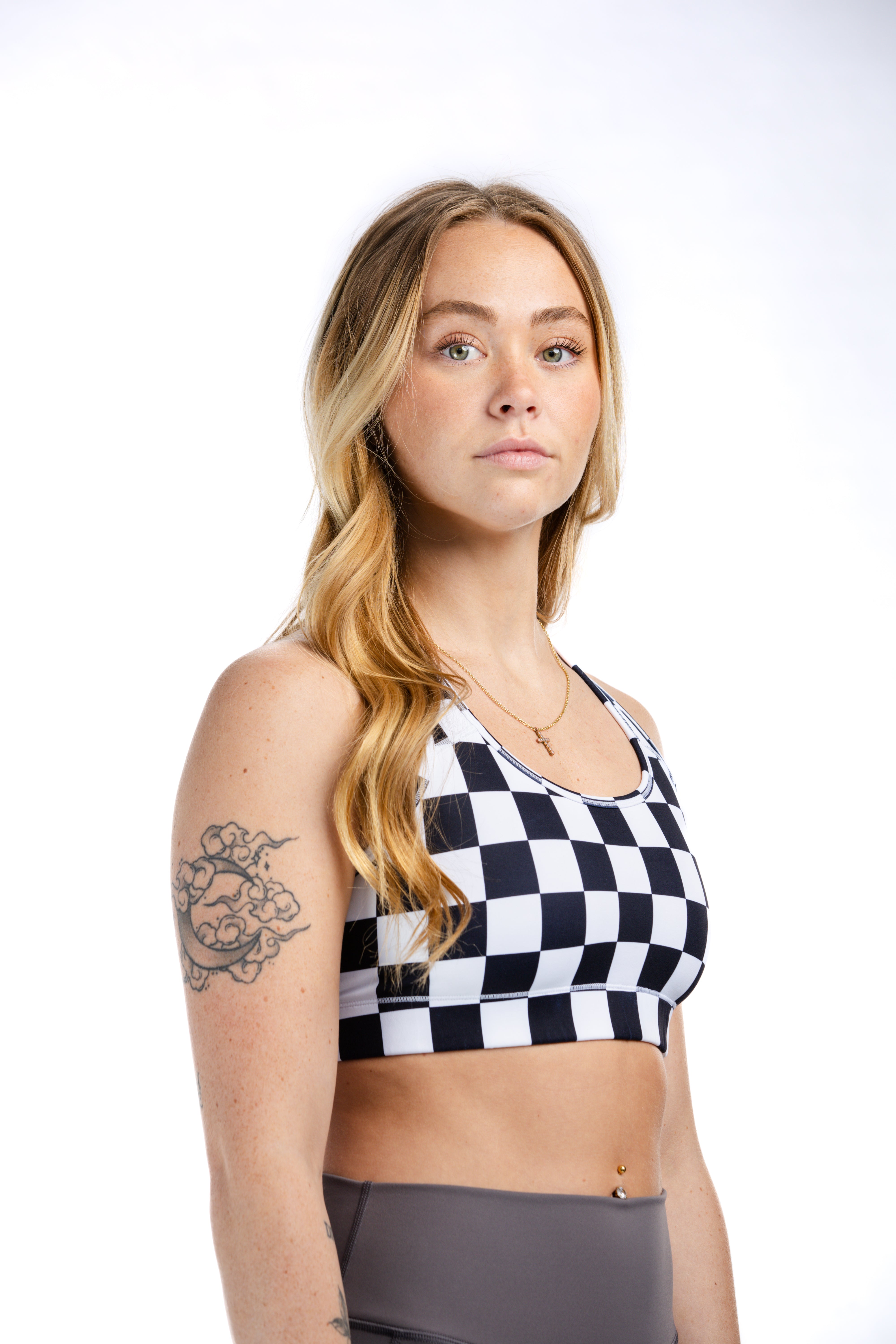 High Support Workout Sports Bra for Women - Black Checkered Pattern - Perfect for Running, Yoga & Gym Fitness Activities