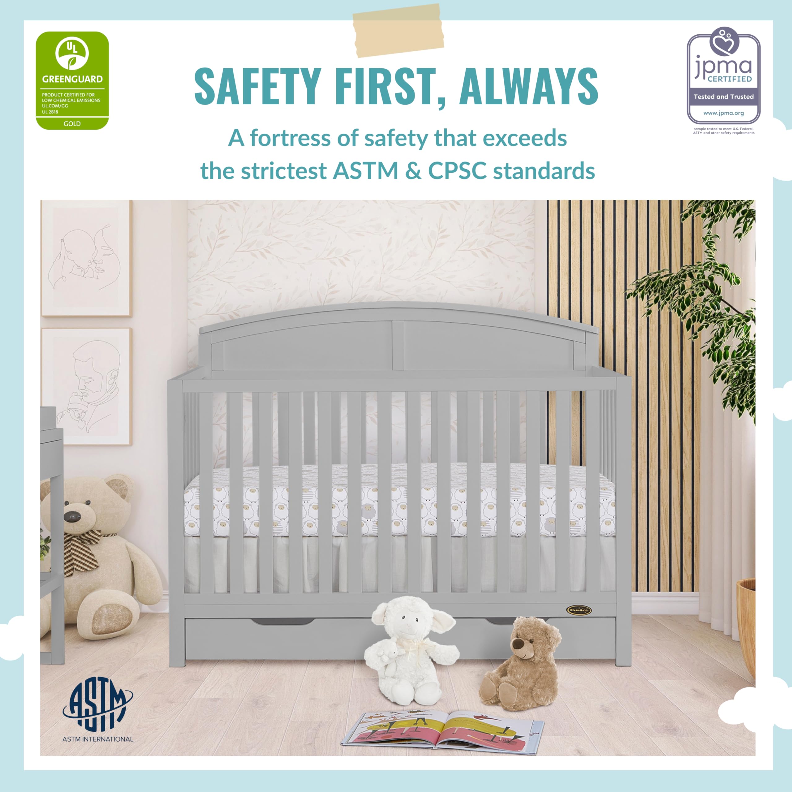 Dream On Me Storybrooke 5-in-1 Convertible Crib with Under Drawer - Pebble Grey | JPMA & Greenguard Gold Certified | Sustainable Pinewood | Non-Toxic Water-Based Paint | Nursery Furniture for Baby & Toddler Rooms | Space-Saving Design for Small Bedrooms