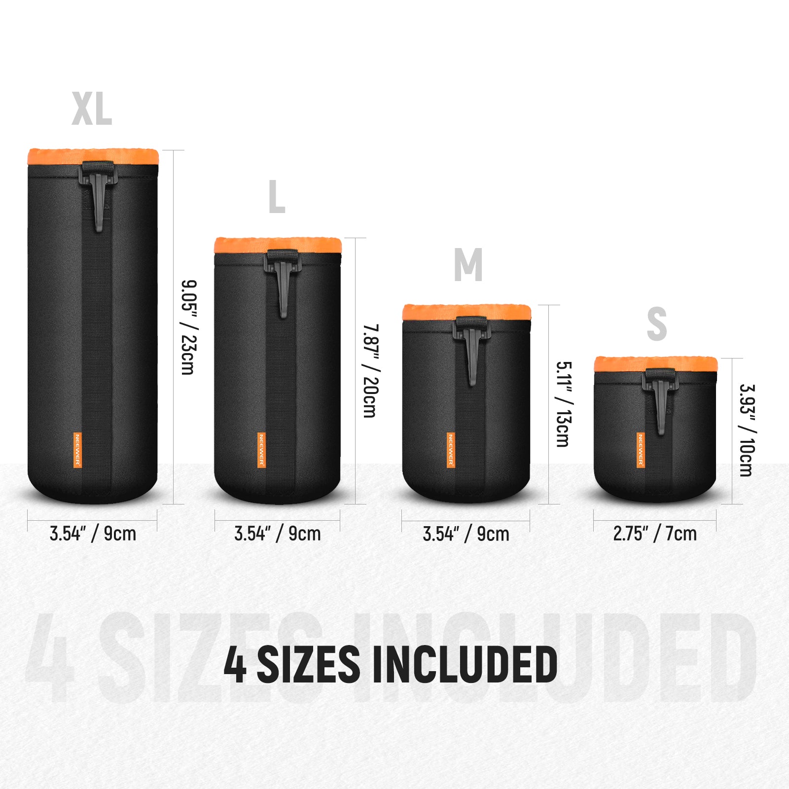 NEEWER 4 Pack Camera Lens Pouch Case - Waterproof Protective Storage Bag for DSLR SLR Lenses (Black/Orange) | Perfect for Travel, Photography Gear Organization & Outdoor Shooting