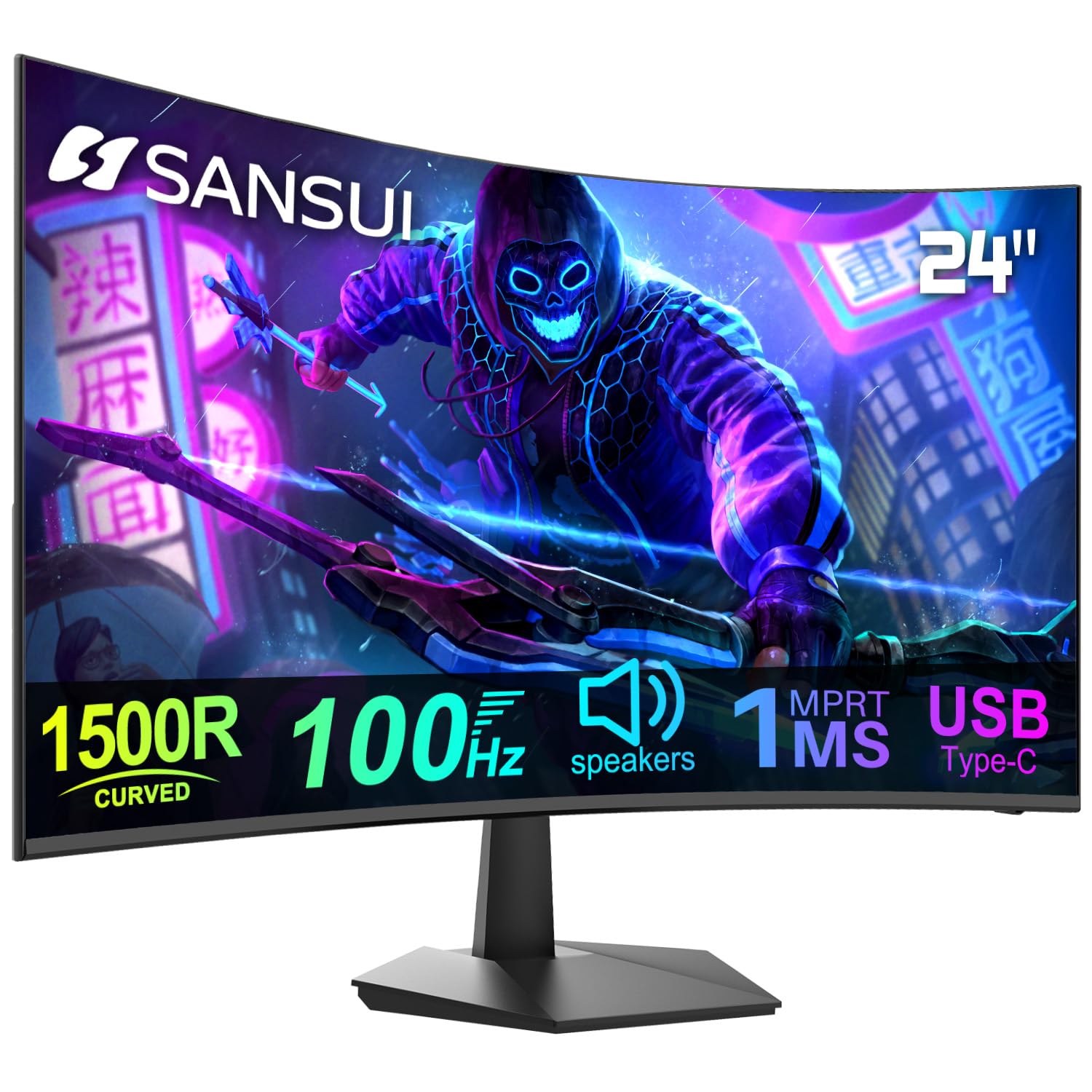 SANSUI 24 Inch Curved Gaming Monitor 100Hz USB-C with Built-in Speakers, 1ms MPRT, Adaptive Sync, HDR, 1500R Curvature, VESA 75x75mm - Perfect for Home Office, Gaming & Entertainment (Includes HDMI Cable ES-24C1)
