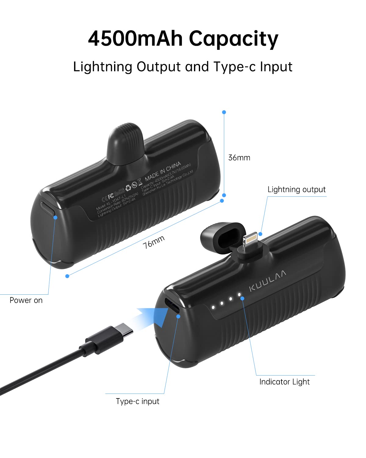 Kuulaa 4500mAh Portable Charger with Built-in Lightning Cable - Compact Power Bank for iPhone 14/13/12 Series (14 Pro/Pro Max/Plus) - Fast Charging External Battery for Travel, Camping & Emergency Backup (Black) | Perfect for Outdoor Adventures, Business Trips & Daily Commute