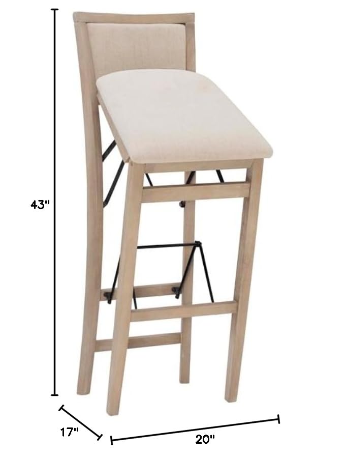 Linon Keira Graywash Wood Folding Bar Stool with Padded Fabric Seat & Back - Perfect for Kitchen Islands, Home Bars & Small Spaces