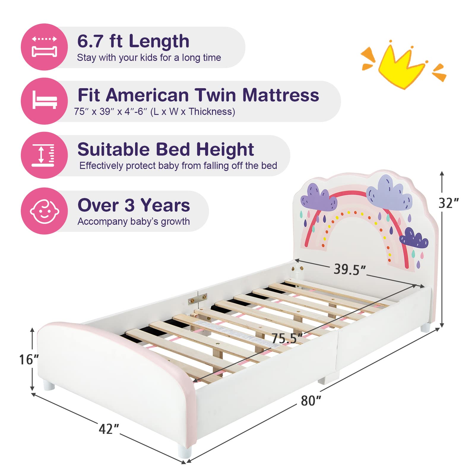**HONEY JOY Twin Bed Frame for Kids - Sturdy Wooden Platform Bed with Headboard & Slat Support, No Box Spring Needed - Perfect for Boys & Girls Bedrooms - Fits Standard Twin Mattress (Rainbow Design) - Ideal for Toddler Rooms, Sleepovers & Cozy Bedtime Stories**