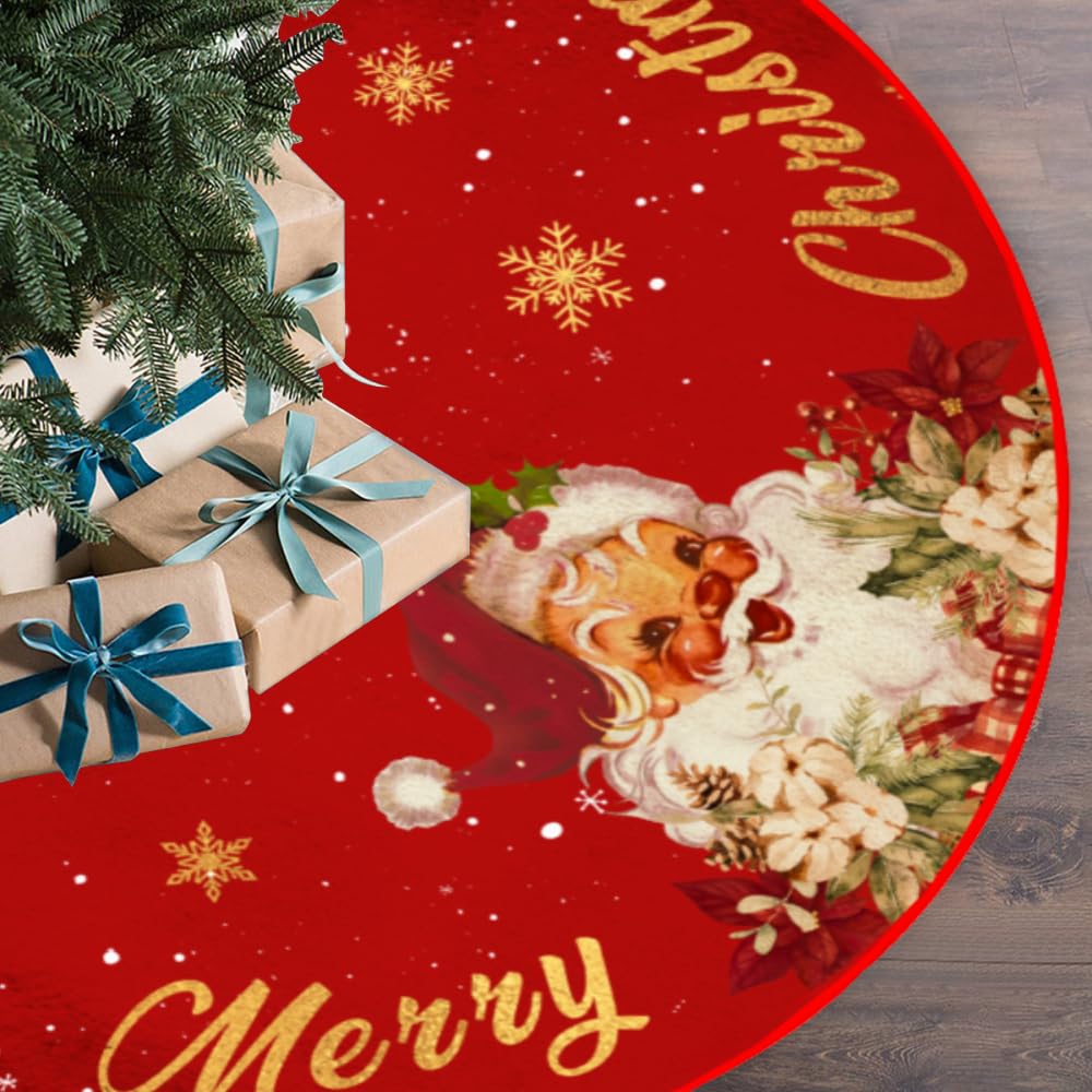 Red and Gold Christmas Tree Skirt with Santa Claus & Snowflake Pattern - 48 Inch Holiday Decor for Indoor/Outdoor Xmas Party, Home, Church & Office Decorations | Perfect for Christmas Tree Base, Festive Gatherings & Seasonal Photo Backdrops