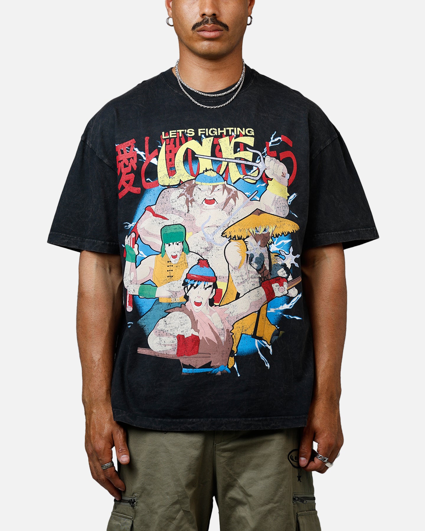 73 Studio Let's Fighting Love Heavyweight Black Acid Wash T-Shirt - Perfect for Anime Fans, Casual Wear & Street Fashion