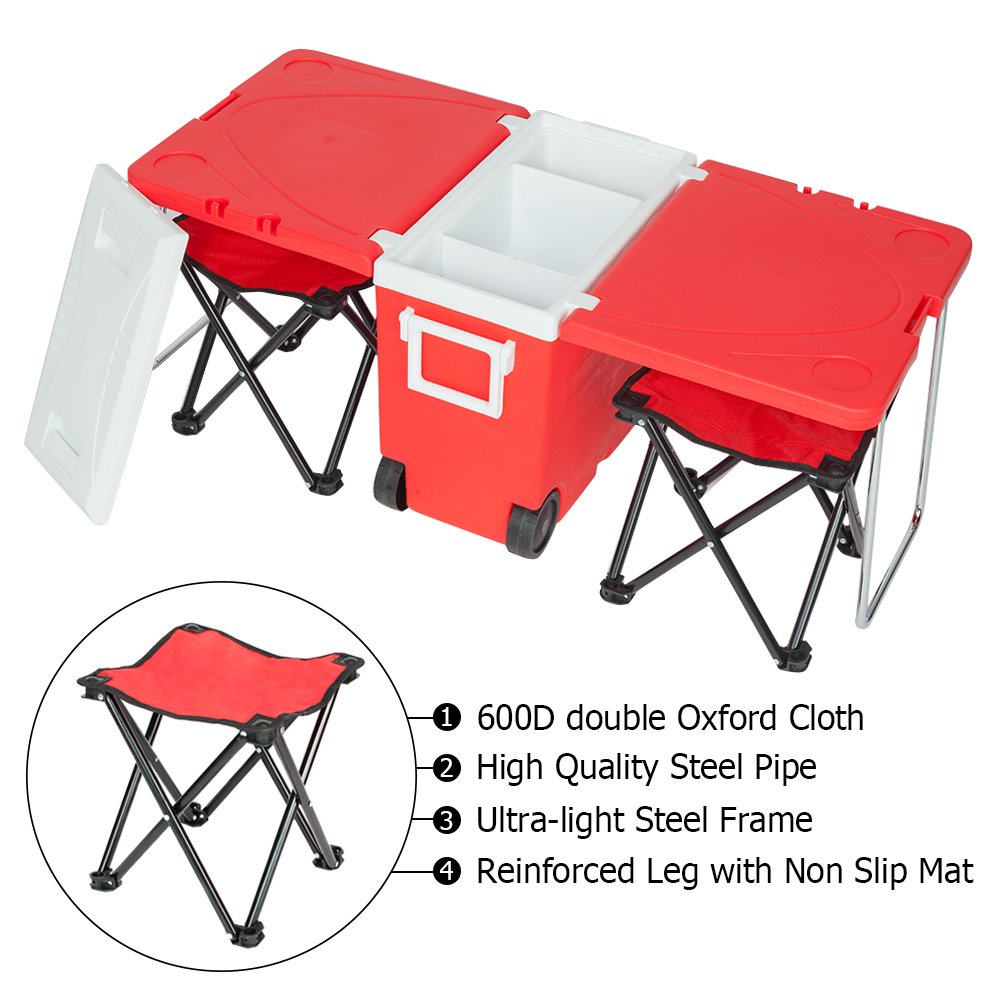 Portable Insulated Rolling Cooler & Picnic Table with 2 Foldable Fishing Chairs - Outdoor Camping, Beach, BBQ & Tailgating Essentials for Cold Drinks & Food Storage