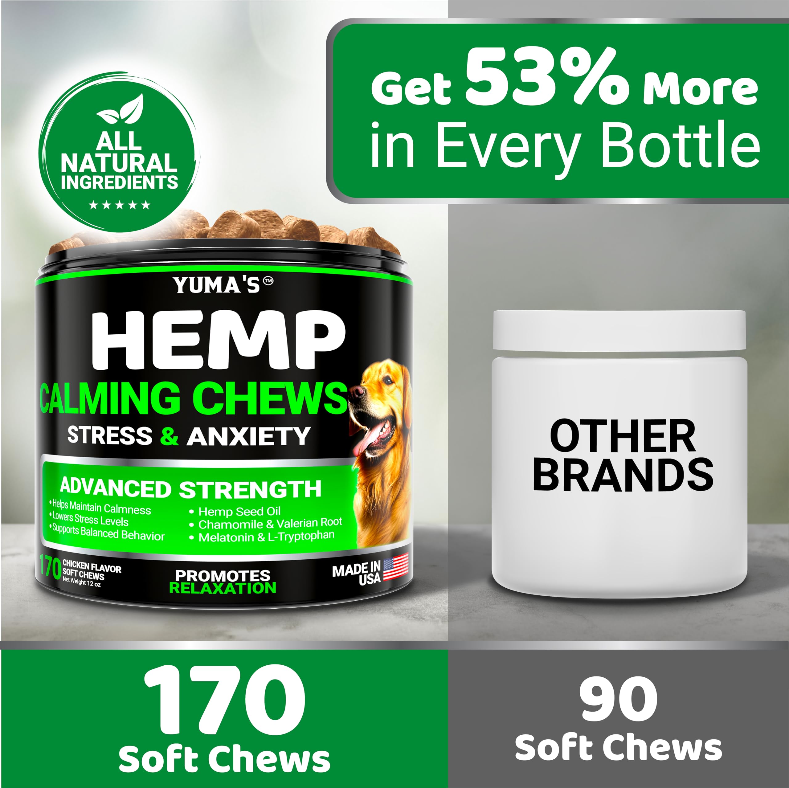 YUMA'S Hemp Calming Chews for Dogs - Natural Anxiety Relief Treats with Melatonin & Hemp Oil - 170 Count - Stress & Barking Control - Separation & Thunderstorm Aid - Made in USA - Perfect for Nervous Pets, Travel, Vet Visits & Fireworks