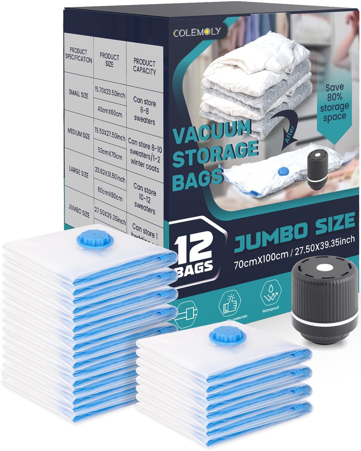 12 Pack Jumbo Vacuum Storage Bags for Clothes - Space Saving Compression Sealed Bags with Electric Pump | Perfect for Travel, Seasonal Storage & Home Organization
