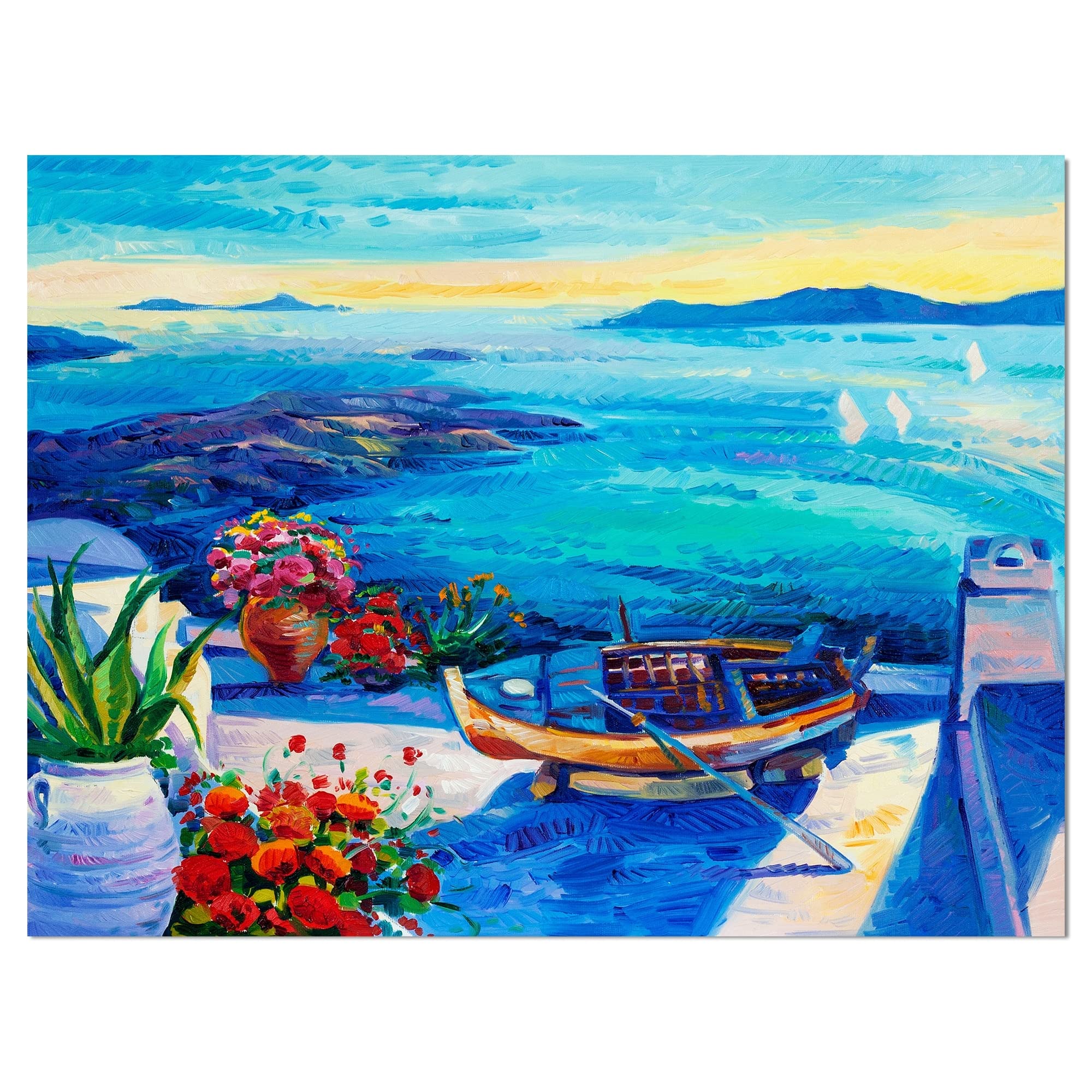 Oia Village Santorini Island Sea View Wrapped Canvas Wall Art - 40x30 Inches Coastal Decor, Beach House Painting, Mediterranean Landscape Print for Living Room, Bedroom & Office