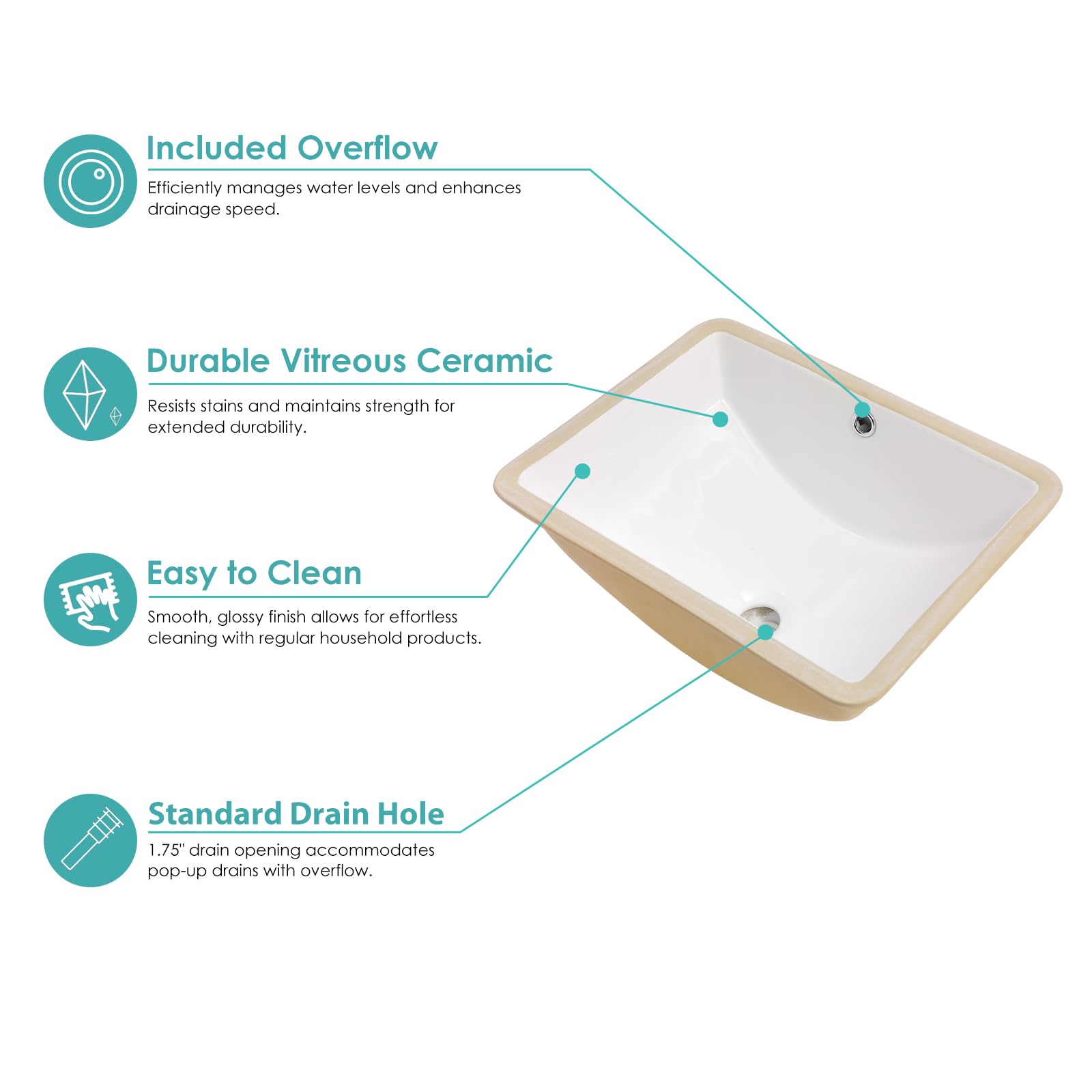 Kichae 18x14 Inch Modern White Rectangular Undermount Bathroom Sink - Porcelain Ceramic Vanity Lavatory with Overflow for Contemporary Home & Commercial Use