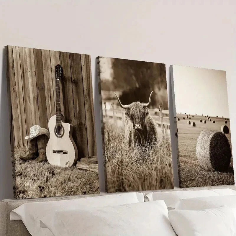 Vintage Highland Cow & Guitar Wall Art Set - 3 Piece Framed Canvas Prints 40x60cm - High Quality Australian Made Wall Decor - Perfect for Living Room, Bedroom & Office Decor