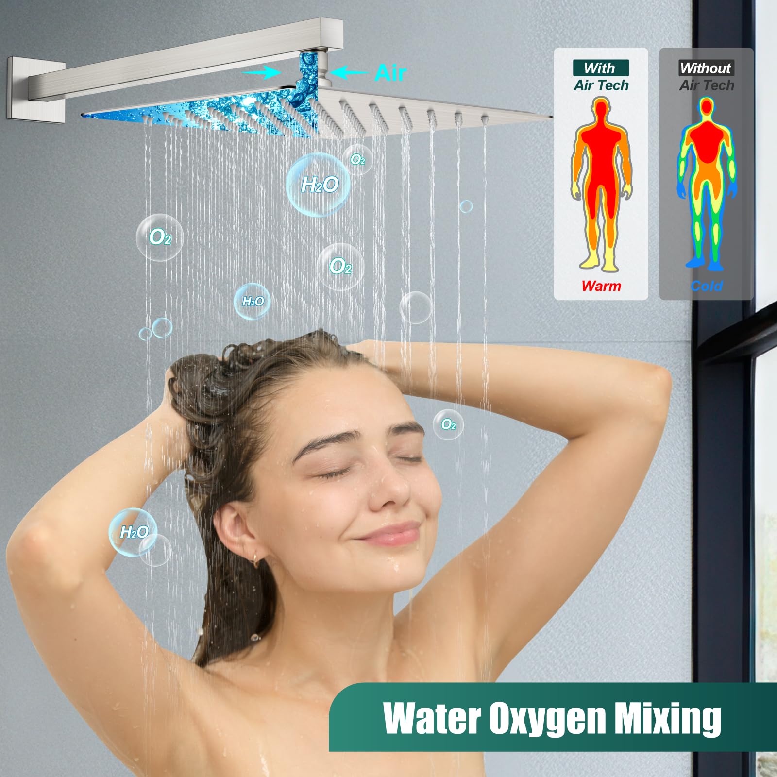 Premium 12 Inch Square Rain Shower System - 2 in 1 Wall Mount Shower Head with Handheld Sprayer, High Pressure Rainfall Shower Faucet Set in Brushed Nickel - Perfect for Modern Bathroom Renovation & Spa-Like Shower Experience