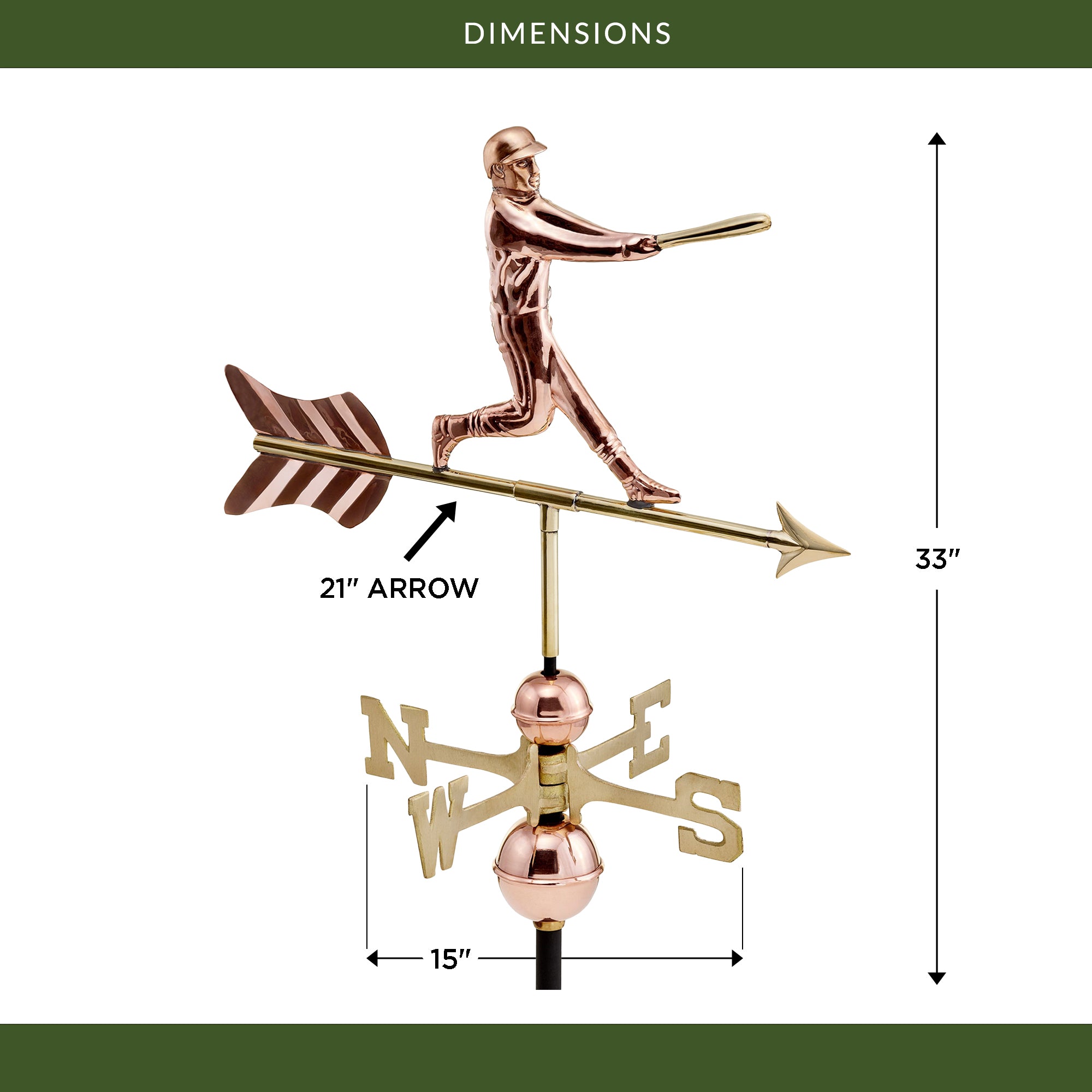 Handcrafted Copper Baseball Player Weathervane - Durable Outdoor Decor for Garden, Yard & Roof - Perfect for Sports Fans & Baseball Enthusiasts