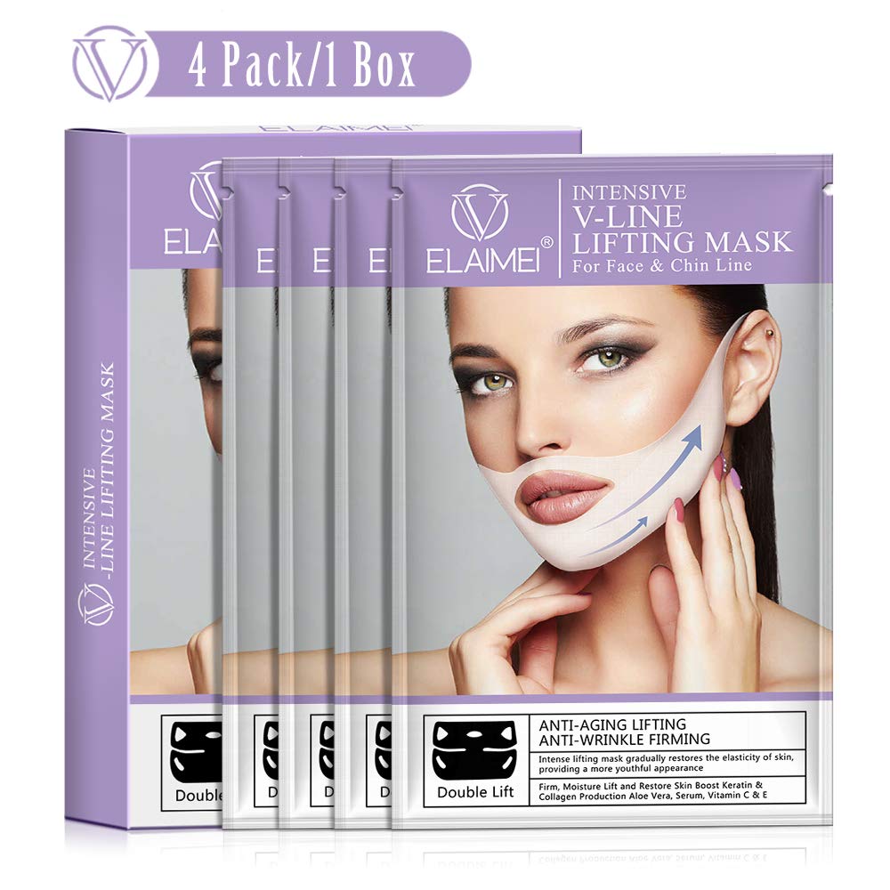 Double Chin Reducer & V-Line Lifting Mask - Silicone Firming Patches for Chin Contour, Overnight Moisturizing Treatment (4 in 1) | Perfect for Nighttime Skincare & Facial Slimming Routine