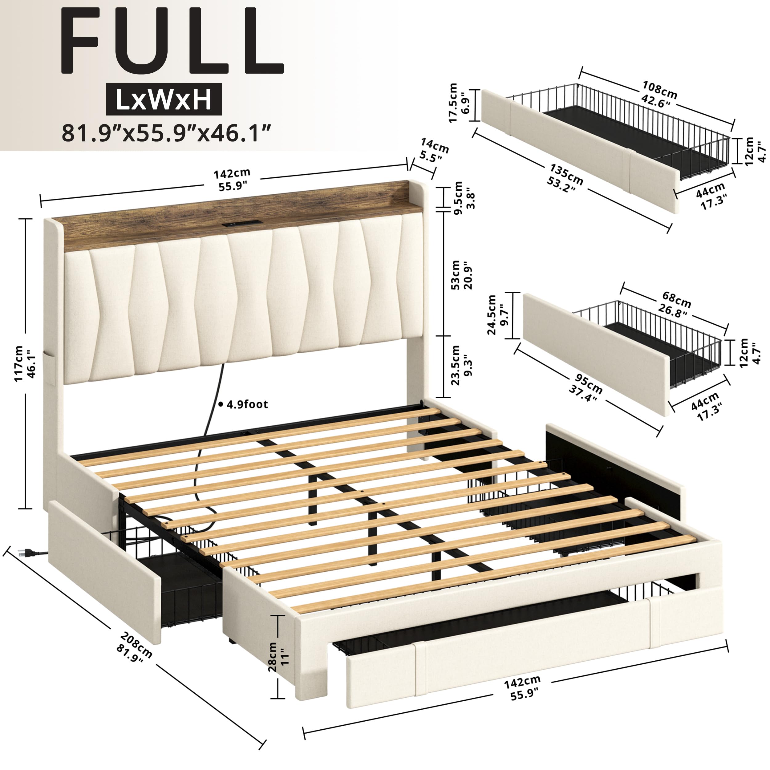 ANCTOR Full Size Bed Frame with 3 Drawers & Upholstered Storage Headboard - No Box Spring Needed Platform Bed with USB Charging Station, Easy Assembly, Beige - Perfect for Small Bedrooms, Guest Rooms & Dormitories