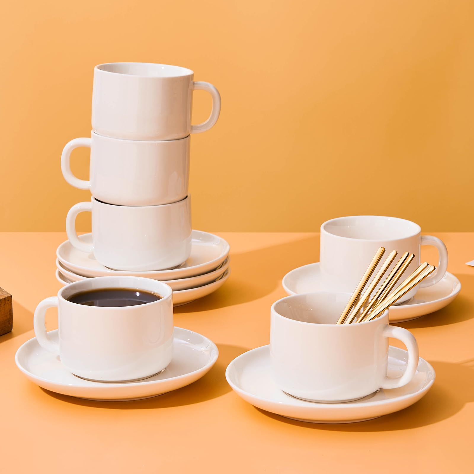 CHILDIKE 6-Piece Porcelain Coffee Cup and Saucer Set with Gold Spoon - 8oz (220ml) White Ceramic Mugs for Tea, Cappuccino & Espresso - Perfect for Home, Office and Gift Giving