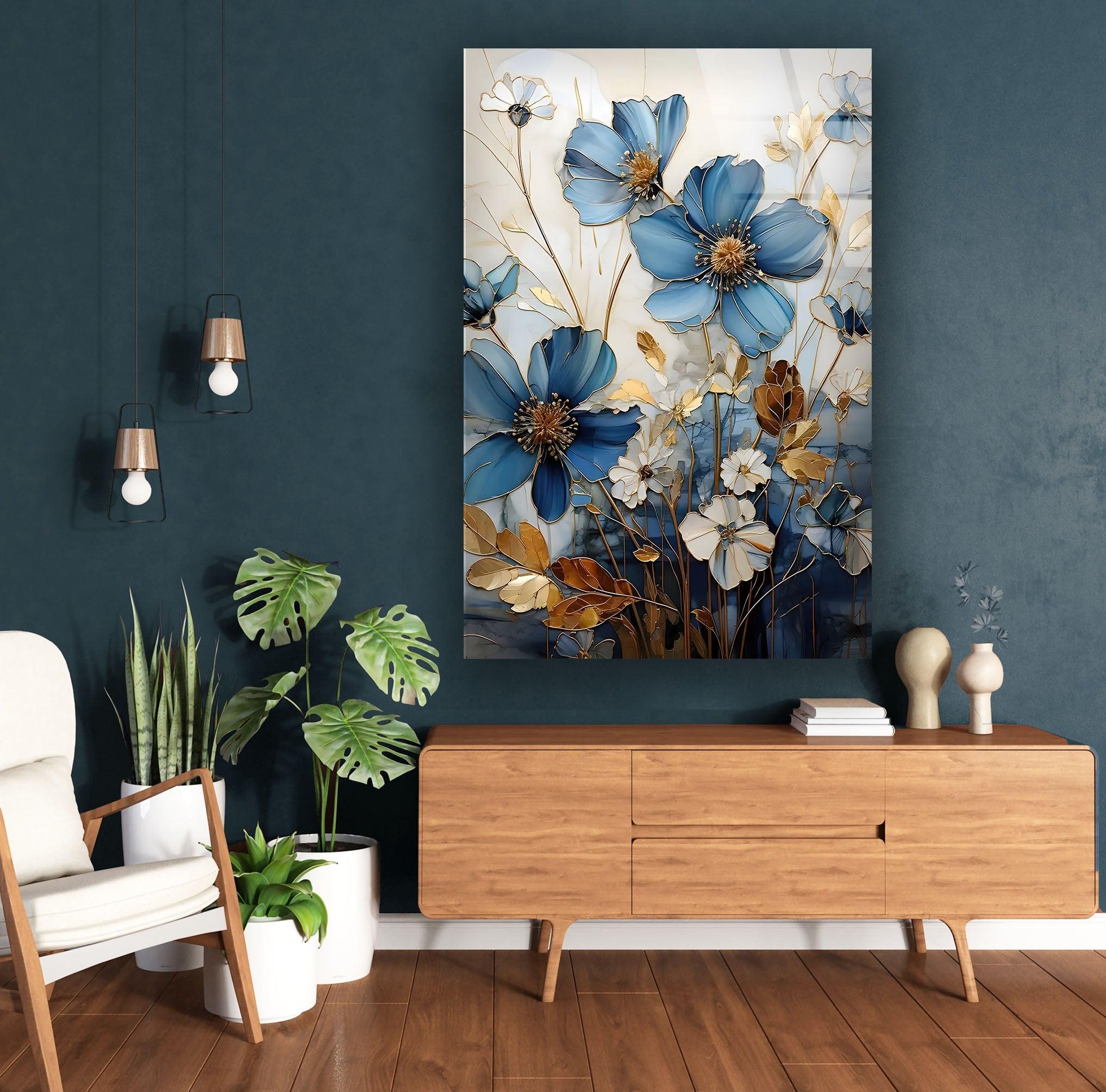 Blue and White Botanical Glass Wall Art - Handmade Floral Decor for Living Room, Bedroom, or Office - Perfect for Home and Office Decorations