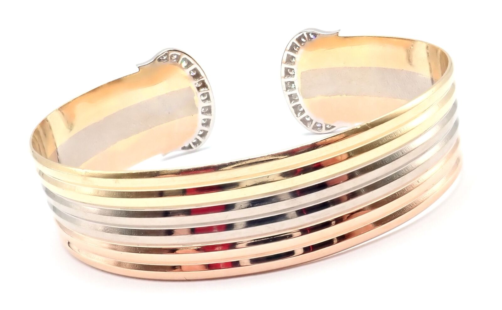 Authentic Cartier 18k Tri-Color Gold Diamond Double C Wide Cuff Bangle Bracelet - Luxury Jewelry for Women, Perfect for Weddings, Parties & Special Occasions