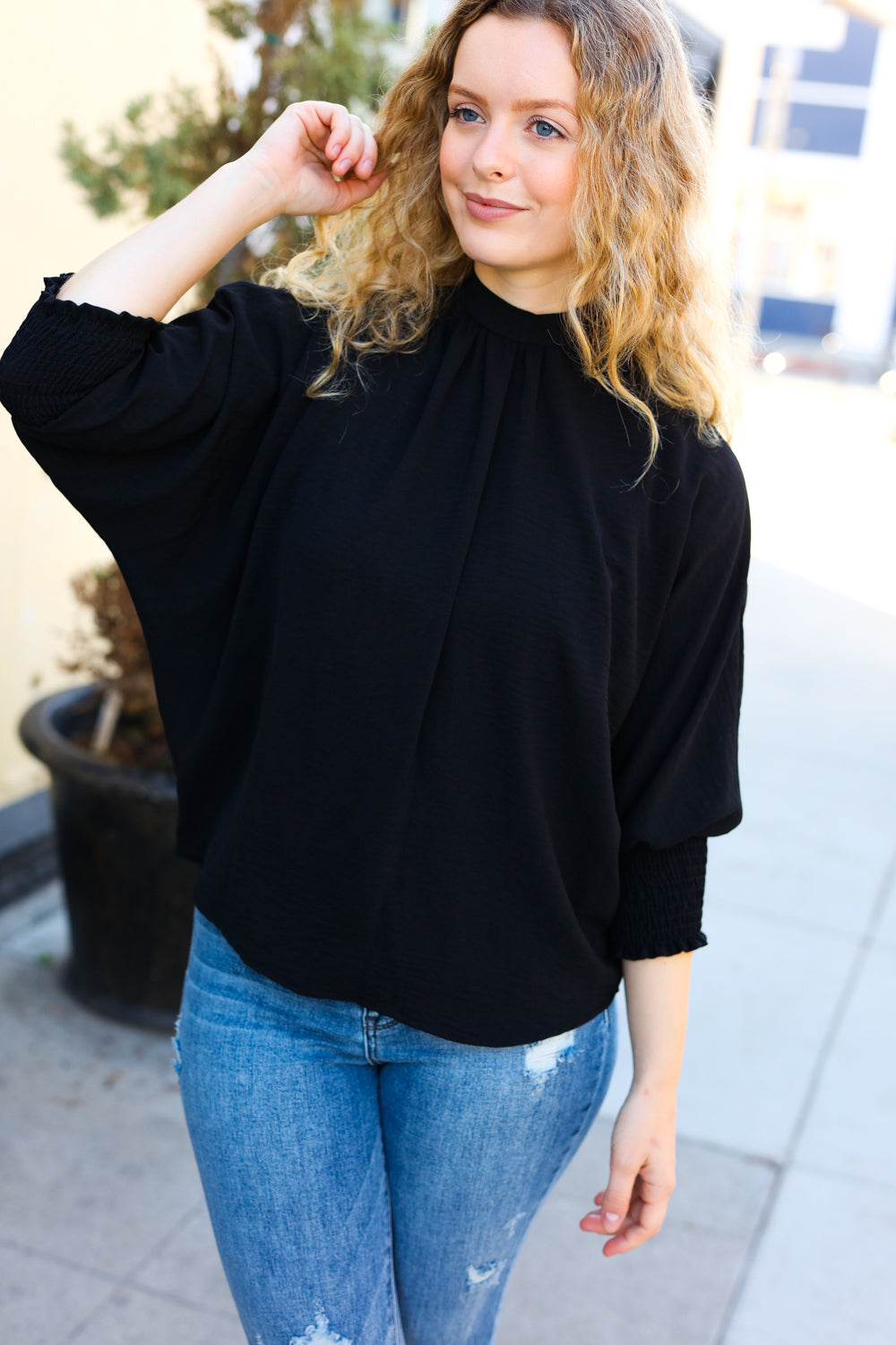 Black Smocked Three-Quarter Sleeve Tie Back Top for Women | Elegant Blouse for Date Night, Brunch & Summer Outfits | Flattering Casual & Dressy Tops