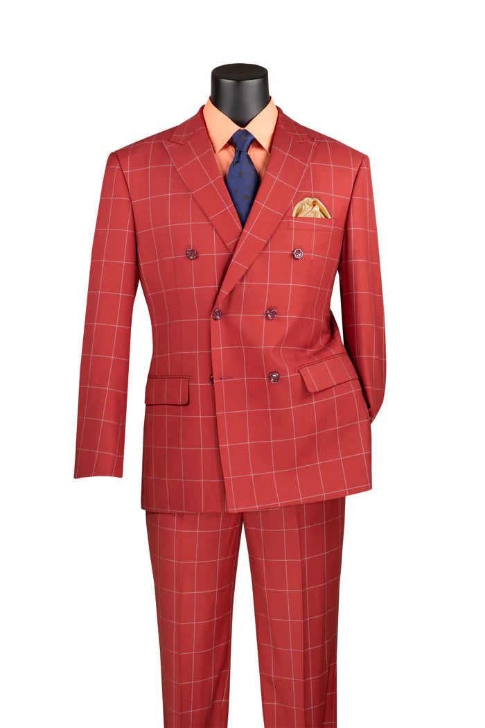 Napoli Collection Baked Apple Modern Fit Double Breasted Windowpane Peak Lapel 2-Piece Suit for Men | Business Formal & Wedding Attire | Office Wear & Special Occasions