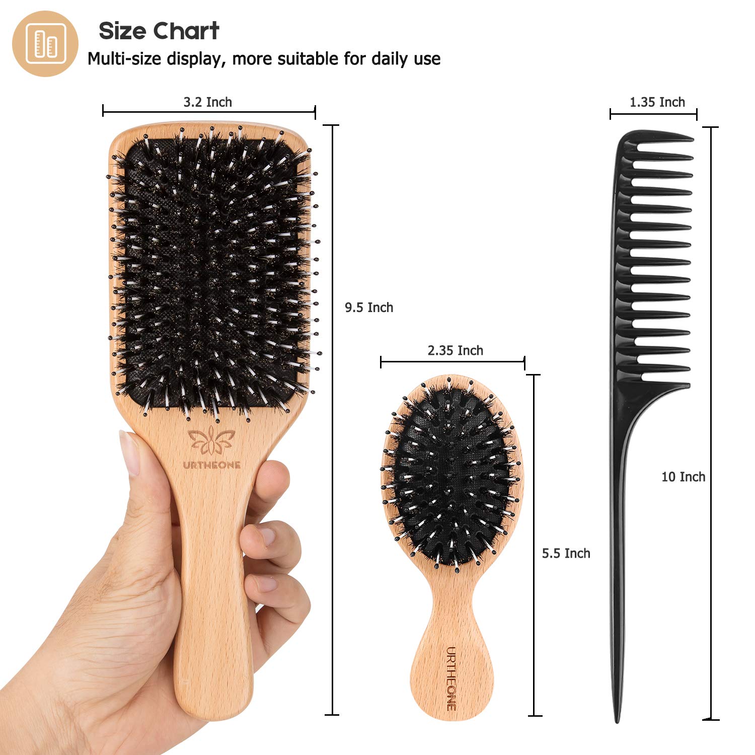 Natural Boar Bristle Hair Brush & Comb Set for Women, Men & Kids - Wooden Paddle Hairbrush with Travel Styling Brush for Wet/Dry Hair - Detangle, Smooth & Massage - Perfect for Home Use, Travel & Daily Hair Care
