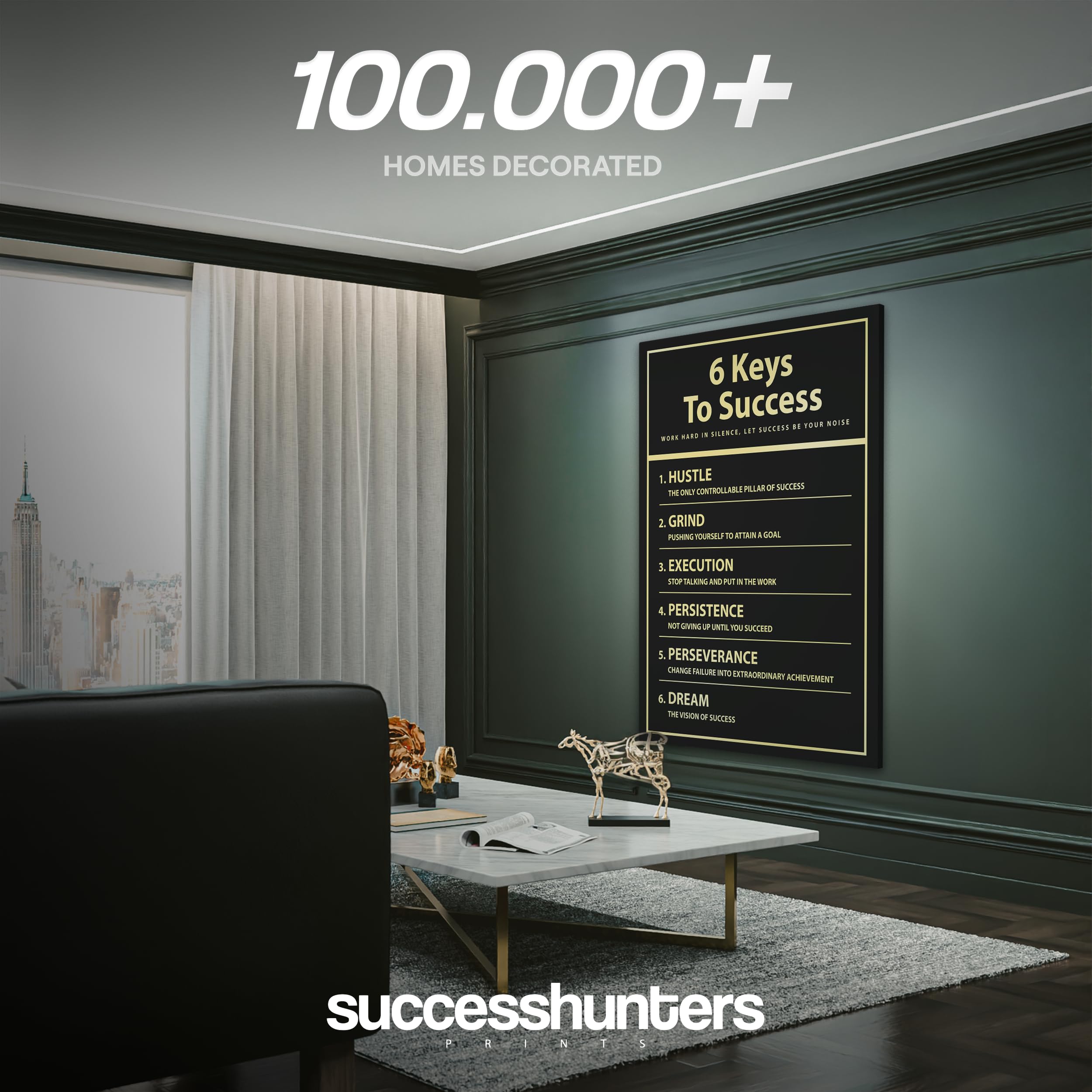 6 Keys to Success Motivational Wall Art - Inspirational Hustle Canvas Print for Office & Home Decor, Entrepreneur Grind Sign with Persistence Quotes (7x5 or 8x8 Inch) - Perfect for Workspace, Study Room & Business Gifts