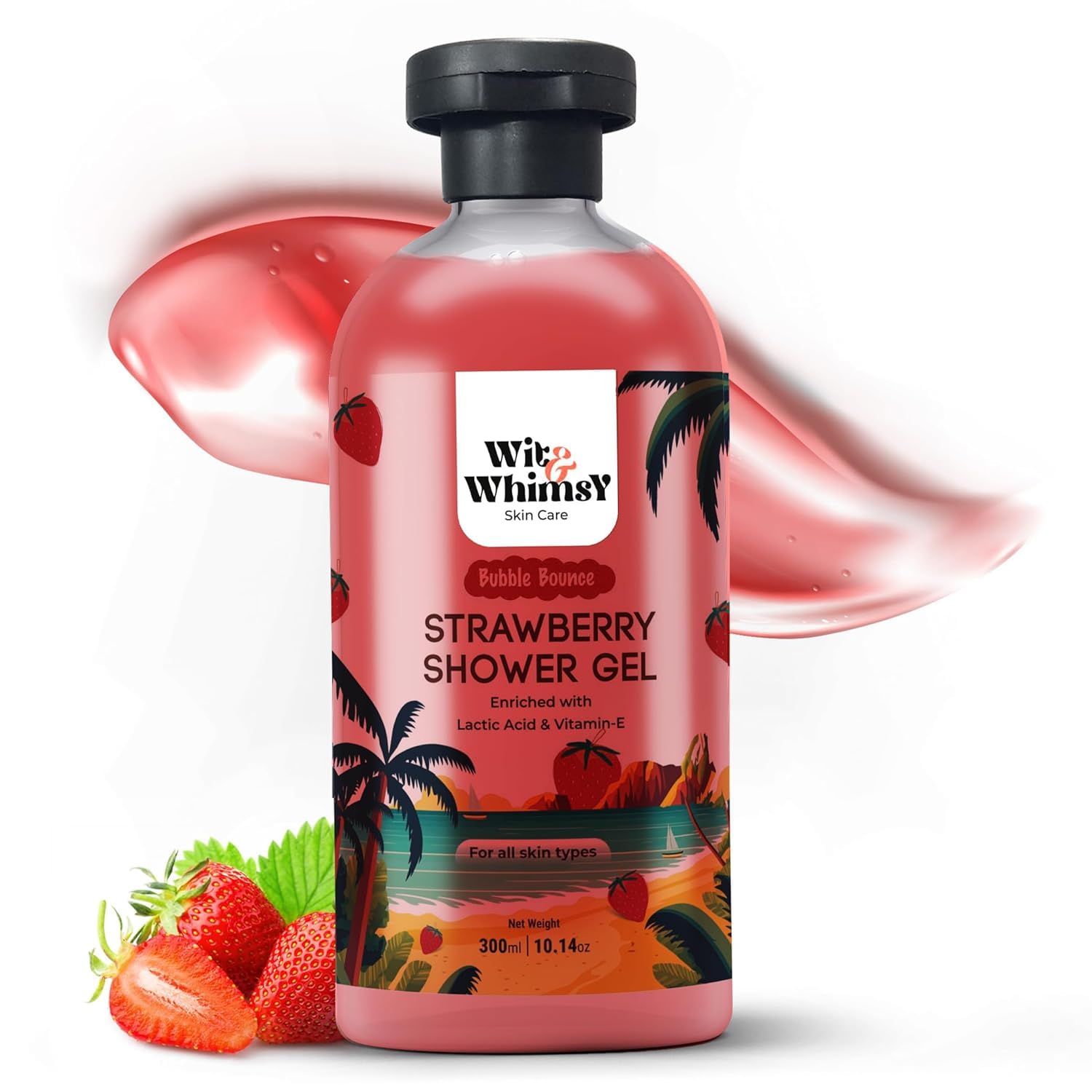 Wit & Whimsy Bubble Bounce Strawberry Shower Gel with Lactic Acid & Vitamin E | Moisturizing Body Wash for Men & Women | Hydrating Cleanser for All Skin Types | Perfect for Daily Shower & Spa Relaxation - 300ml