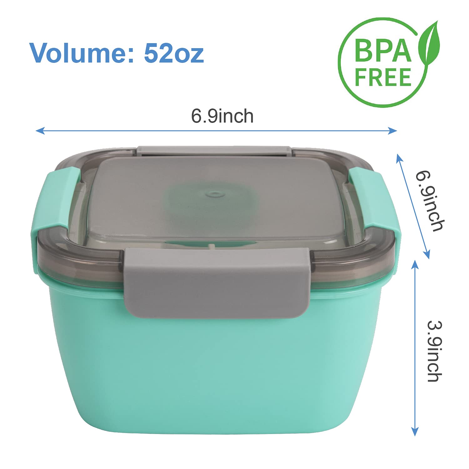 Freshmage 52-oz BPA-Free Leakproof Lunch Container with 3 Compartments & Dressing Cup - Reusable Salad Bowl for Meal Prep, Office Lunch, Picnics - Perfect for Men & Women (Eco-Friendly Green)