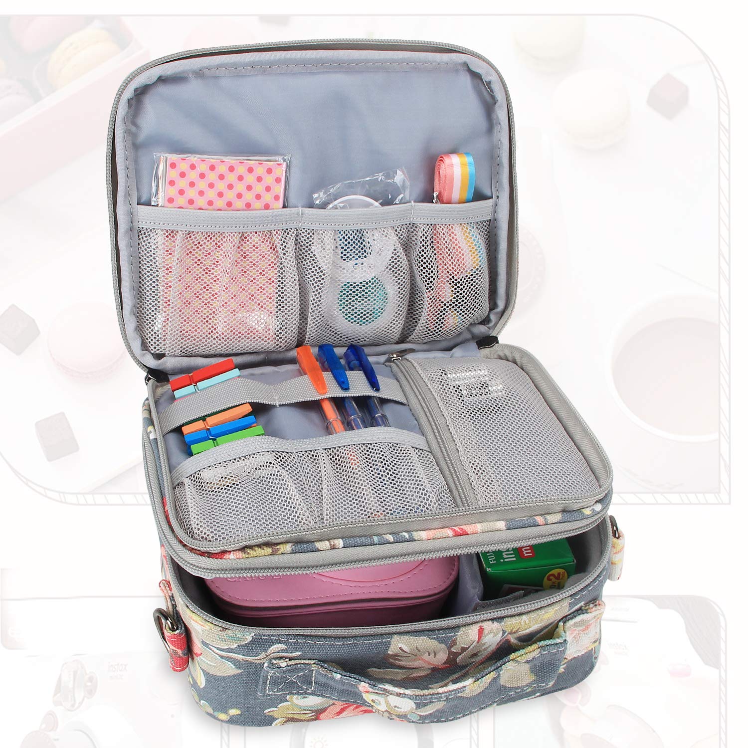 Teamoy Mini9 Instant Camera Case - Portable Bag for Fujifilm Instax Mini 9/10/11/12 Cameras & Accessories (Peony Design) - Perfect for Travel, Parties & Photo Walks