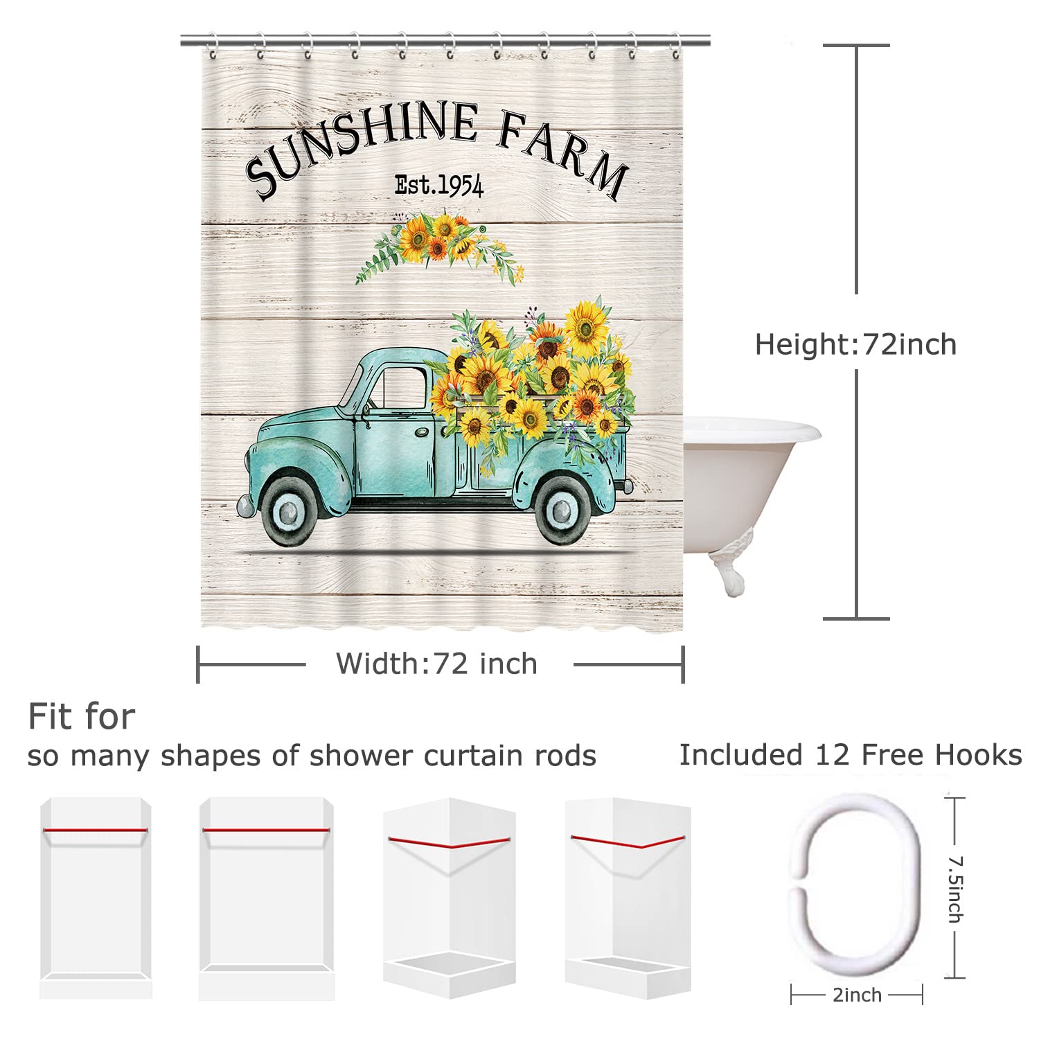 RosieLily Rustic Sunflower Shower Curtain Set - Farmhouse Bathroom Decor with 12 Hooks, 72x72 Inches - Perfect for Fall Season and Country Style Bathroom Makeover
