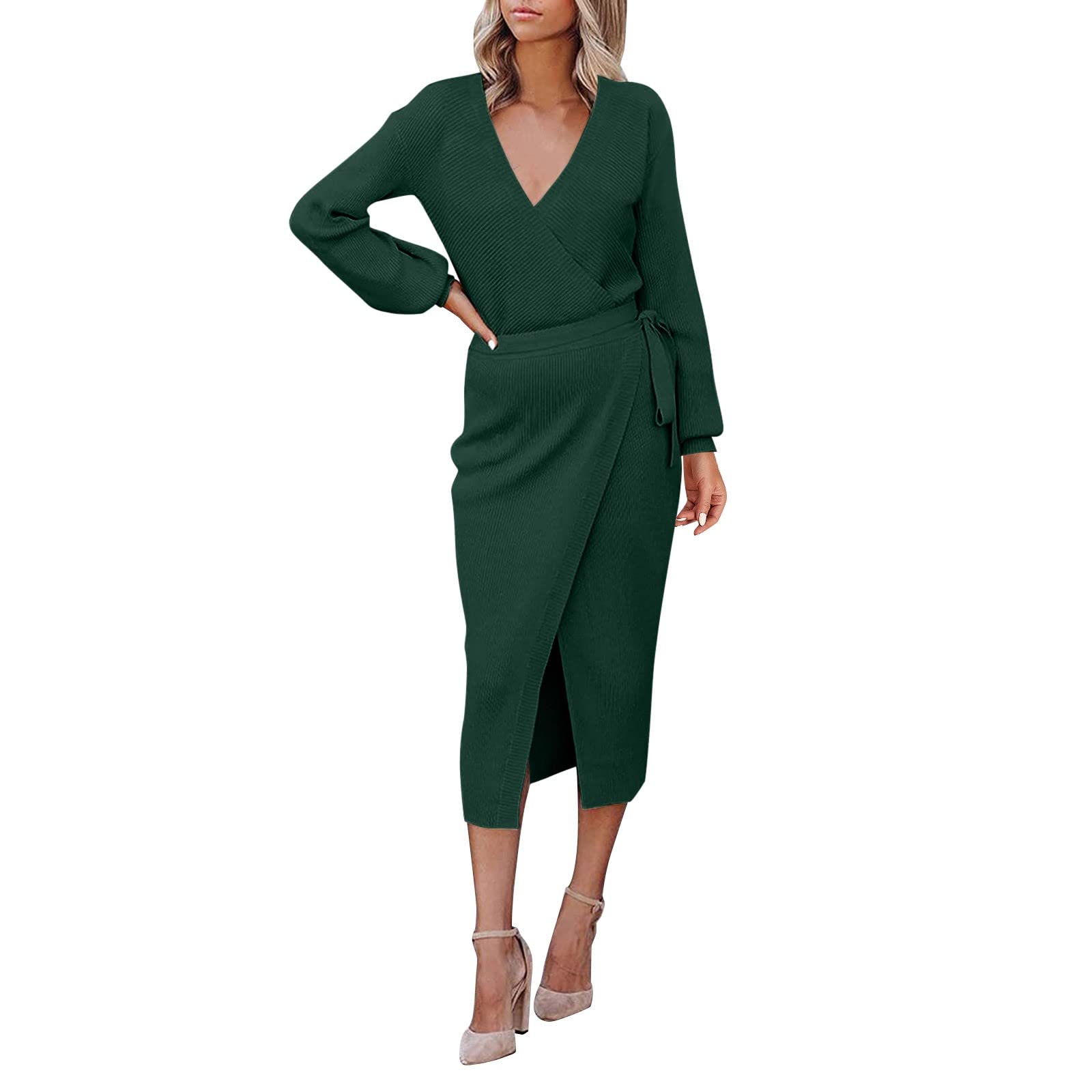 Women's Wrap V-Neck Long Sleeve Sweater Dress - Tie Waist Bodycon Knit Midi Dress for Work & Office Wear | Elegant Summer Dress for Business Casual & Date Night Outfits