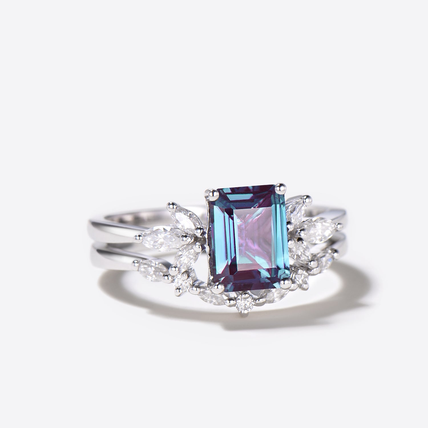 Emerald Cut Alexandrite Engagement Ring with 7 Stone Diamond Bridal Set – Perfect for Wedding, Anniversary & Proposal Gifts