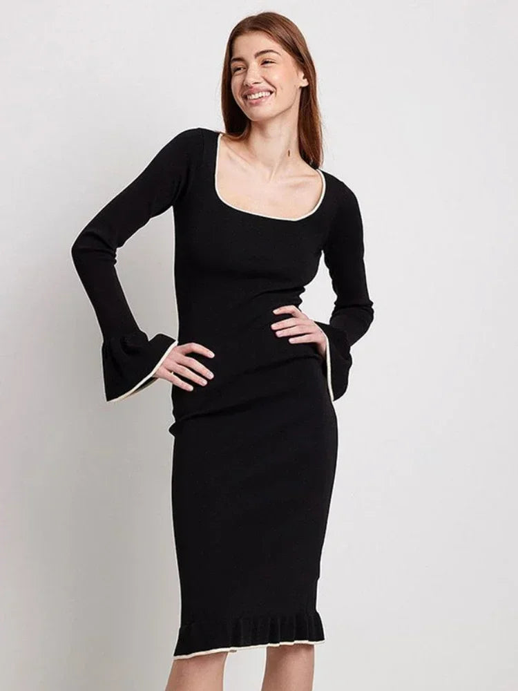 Elegant Black Hollow Backless Pencil Dress - French Style Sexy Ruffle Flare Sleeve Midi Dress for Women 2023 | Perfect for Cocktail Parties, Date Nights & Formal Events | C85 CC30