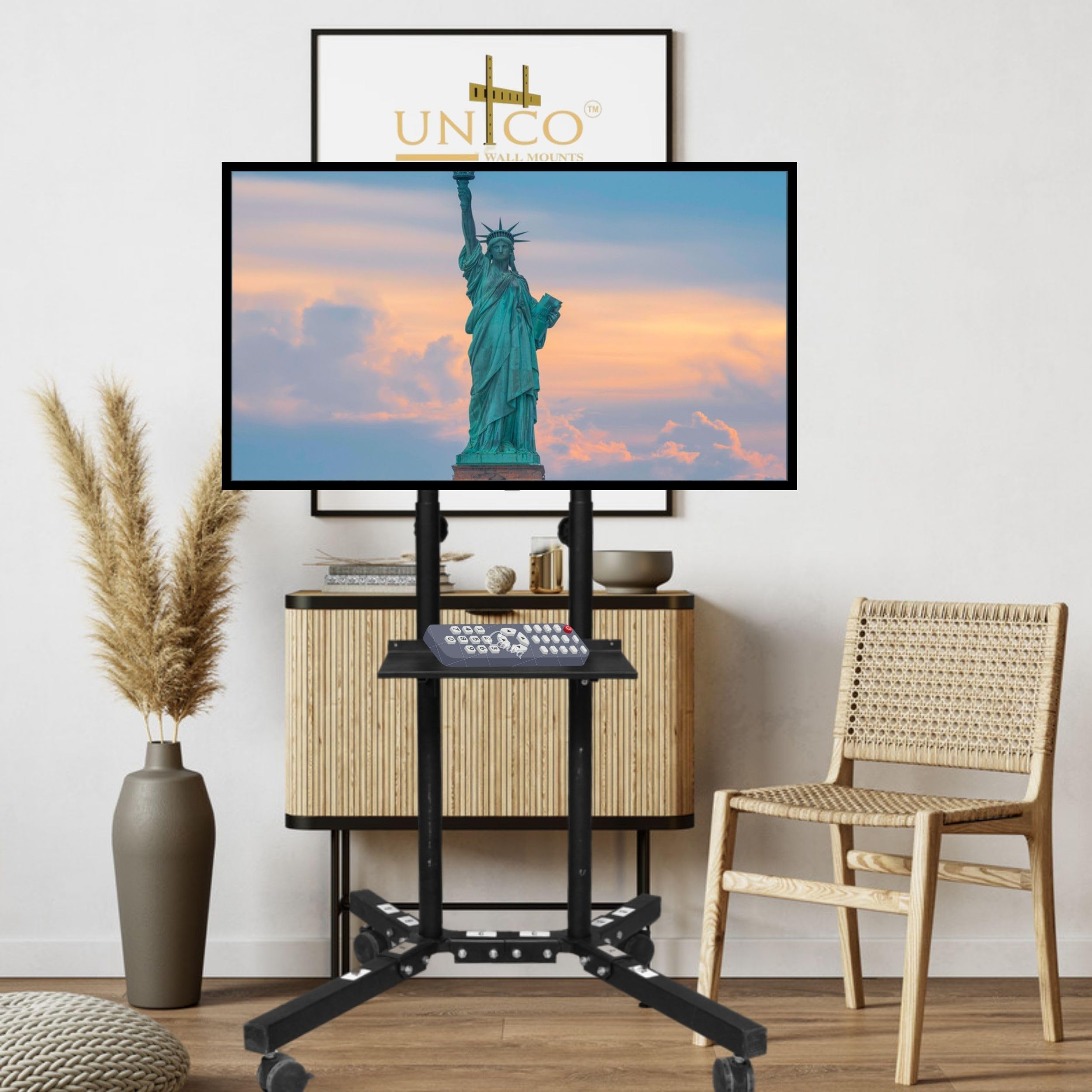 UNICO Mobile TV Cart with Locking Wheels - Adjustable Rolling TV Stand for 23-75 Inch LED, LCD & Plasma Screens - Includes Storage Shelf - Perfect for Living Rooms, Bedrooms & Home Theaters